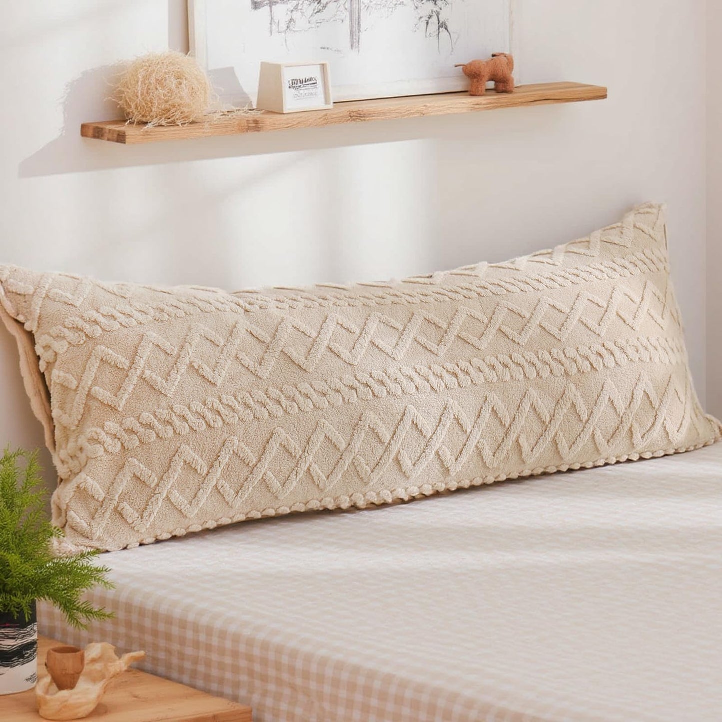 Chumerry Beige Fluffy Body Pillow Cover Faux Fur Pillowcase for Couch Bed Diamond Stripe Geometric Bed Pillow Cover Flannel Fleece Long Pillow Cover