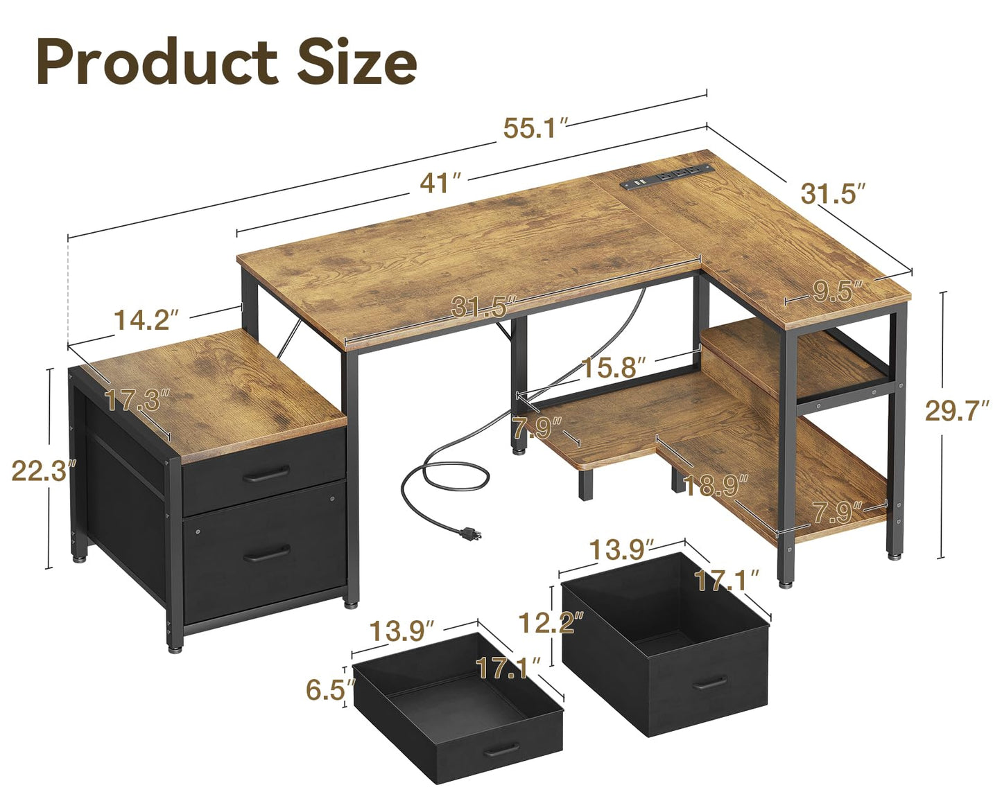 Casaottima L Shaped Desk with Drawers & File Cabinet, 55 Inch Computer Desk with Storage Shelves & CPU Stand, Corner Desk with Power Outlets, Reversible L Desk for Home Office, Brown