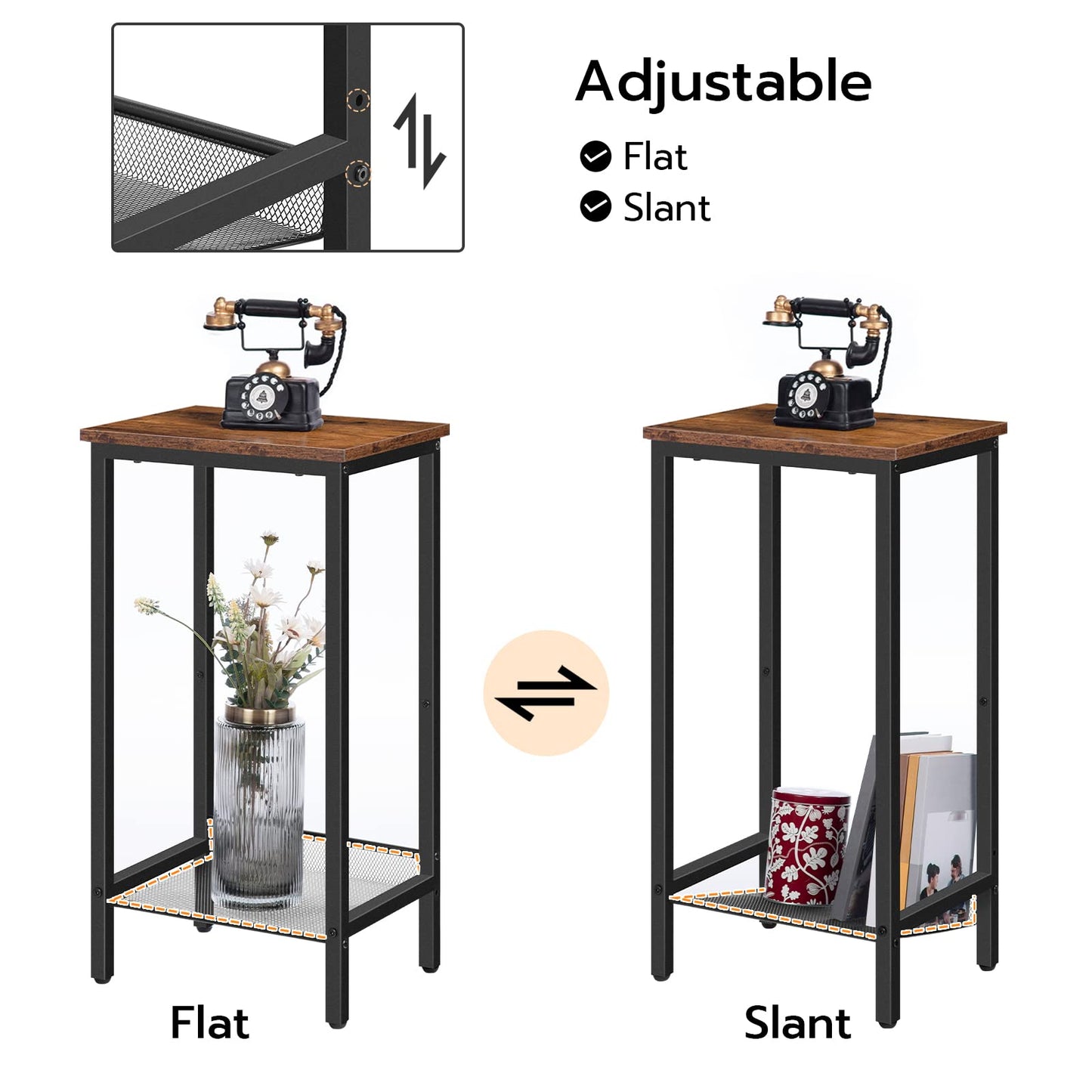 HOOBRO Tall Side Table, Industrial End Telephone Table with Adjustable Mesh Shelves, for Living Room, Bedroom, Entryway, Office, Rustic Brown and Black BF03DH01