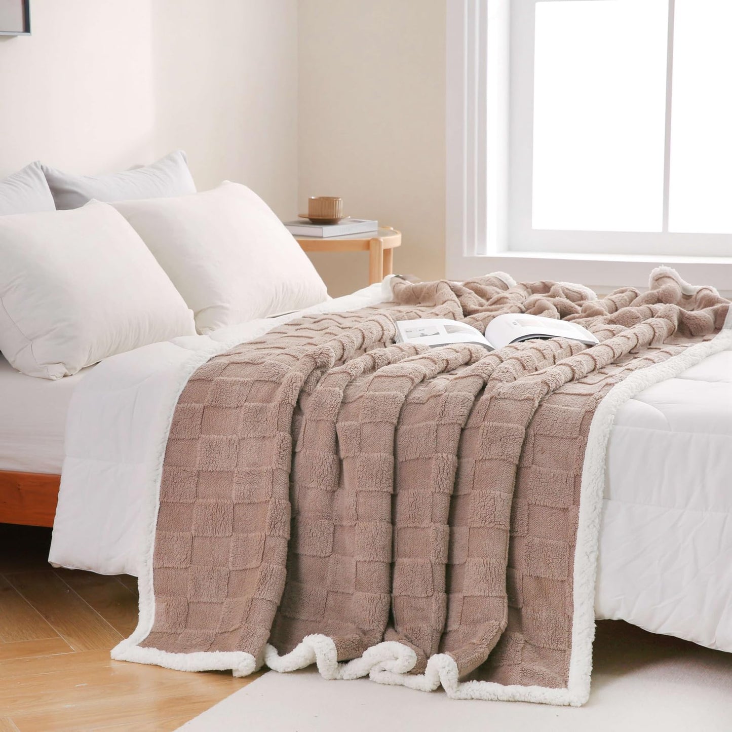 Sherpa Throw Blanket for Couch, Flannel Cozy Soft Blanket for Bed - Fleece, Coffee, 60x80 Inches