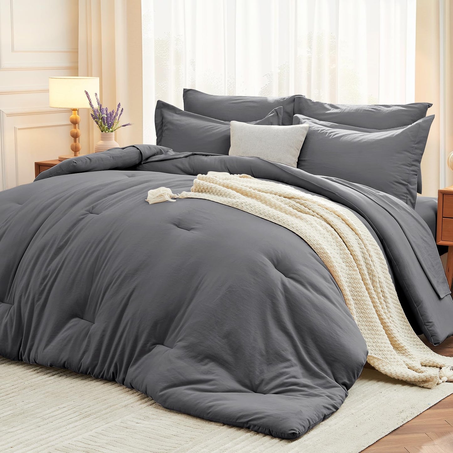 MUXHOMO 7 Pieces Queen Comforter Set, Soft Bed in a Bag Queen Size, All Season Bedding Set with Comforter, Flat Sheet, Fitted Sheet, Pillowcases & Shams, Dark Grey