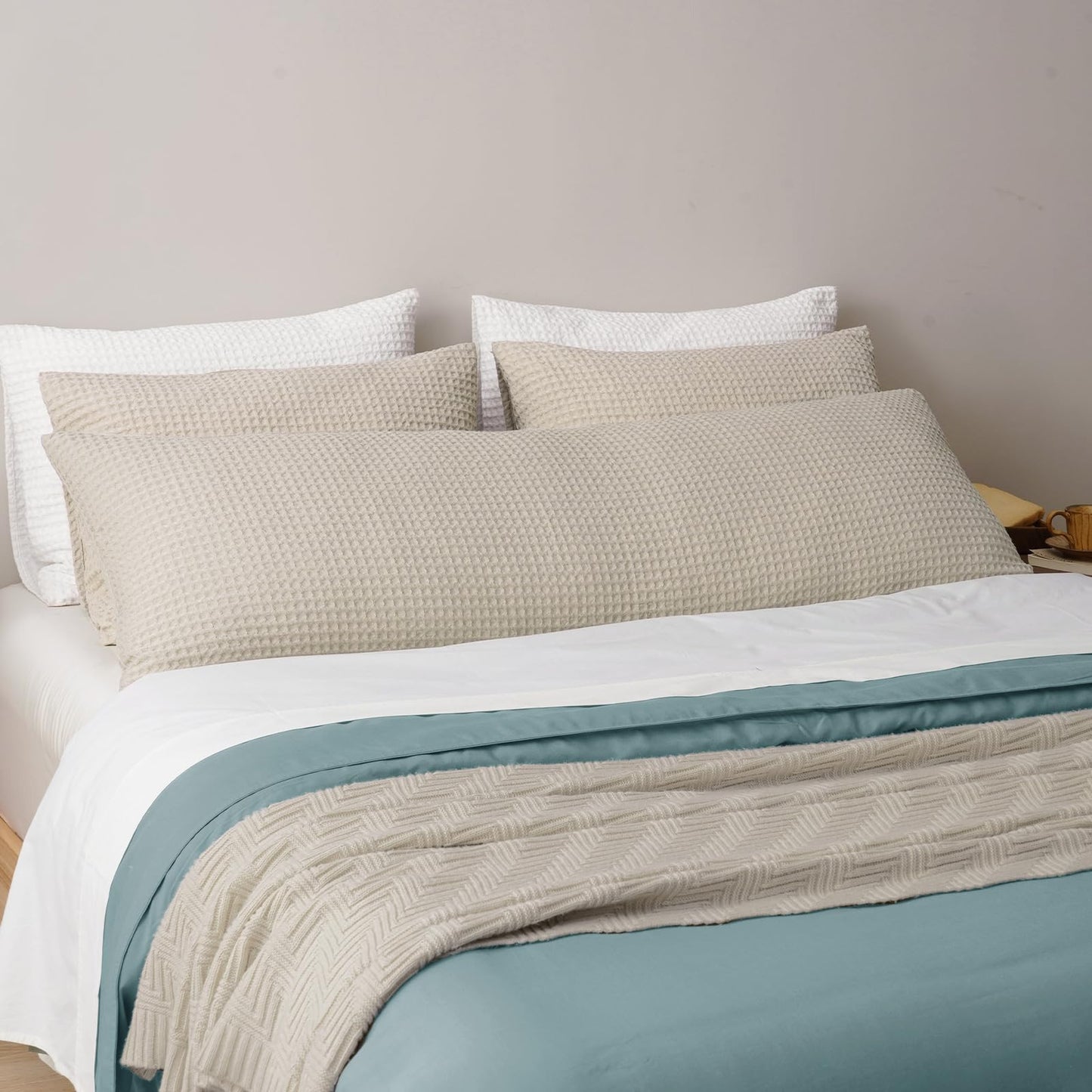 PHF Ultra Soft Waffle Weave Body Pillowcase 20" x 54", No Insert, Breathable & Skin-Friendly Body Pillow Sham with Zipper, Decorative Waffle Weave Pillow Cover, Light Khaki/Linen