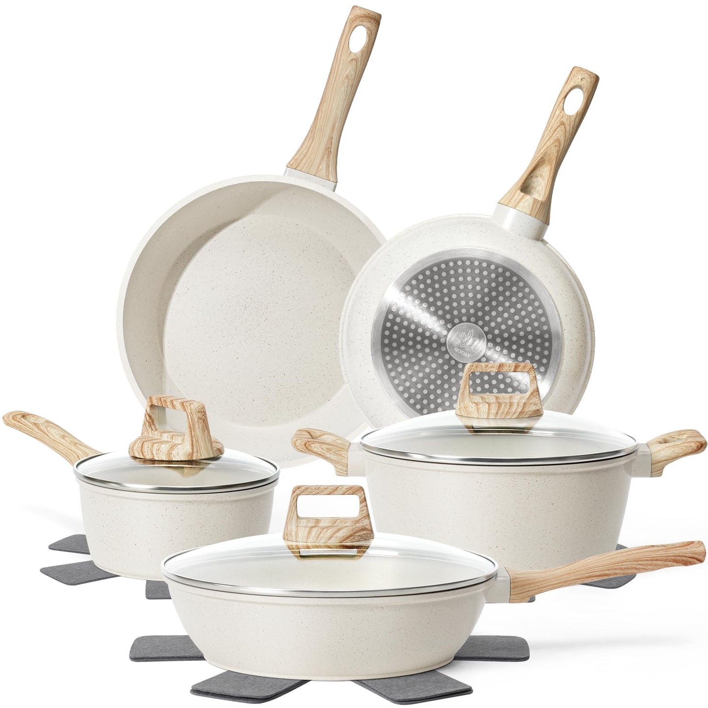 SODAY 12 Pcs Pots and Pans Set Non Stick, Cookware Sets White Granite Induction Cookware, Non-toxic Healthy Nonstick Kitchen Cooking Set with Frying Pans Set, Saucepans (PFAS/PFOA/PFOS Free)