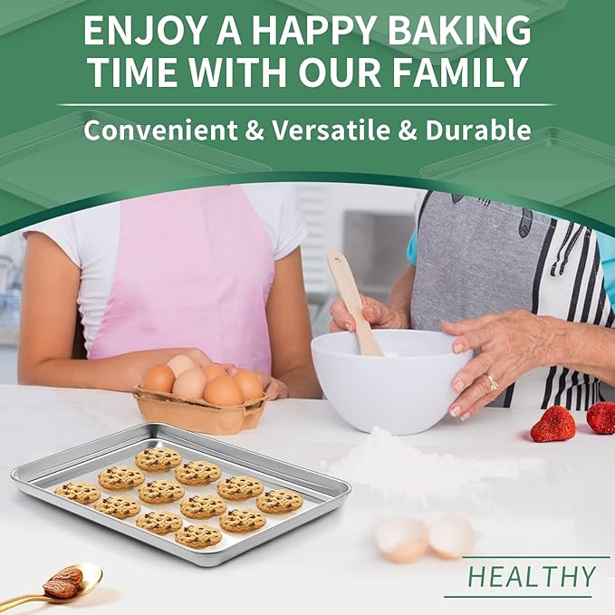 Baking Sheets Set of 2, HKJ Chef Cookie Sheets 2 Pieces & Stainless Steel Baking Pans & Toaster Oven Tray Pans, Rectangle Size 12.5Lx10Wx1H inch & Non Toxic & Healthy & Easy Clean