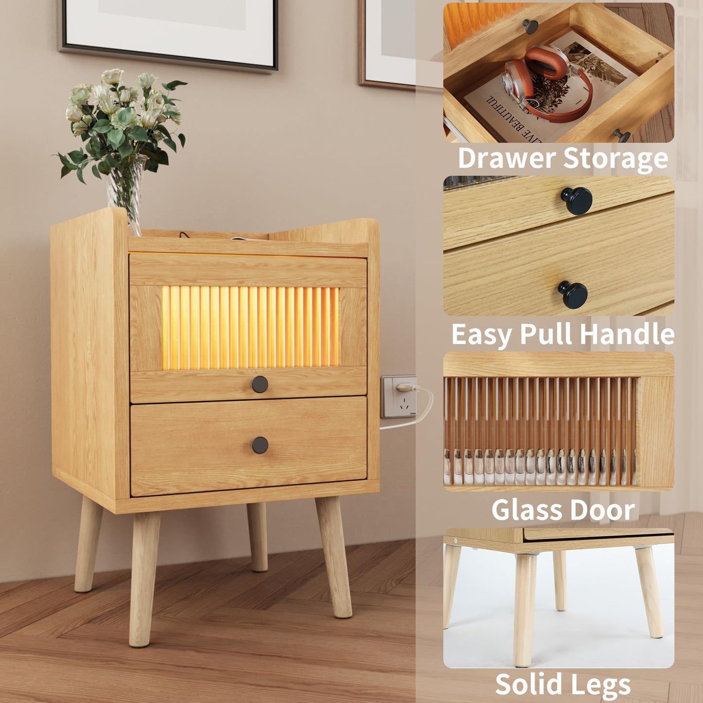 VOWNER Nightstand with Charging Station, LED Night Stand with Glass Door & Drawer, Bedside Table for Bedroom, Living Room, Natural