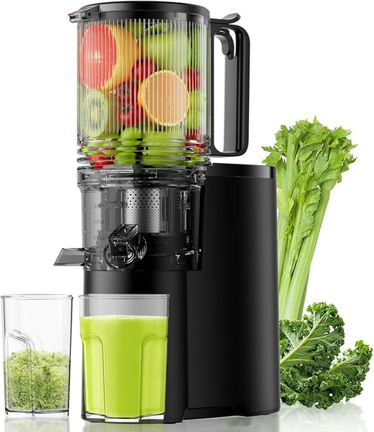 EanOruus Cold Press Juicer, 5.8" Wide Feed Chute Juice Extractor Machine with 400W, High Juice Yield, Slow Masticating Juicer for Whole Vegetables & Fruits, Textured black