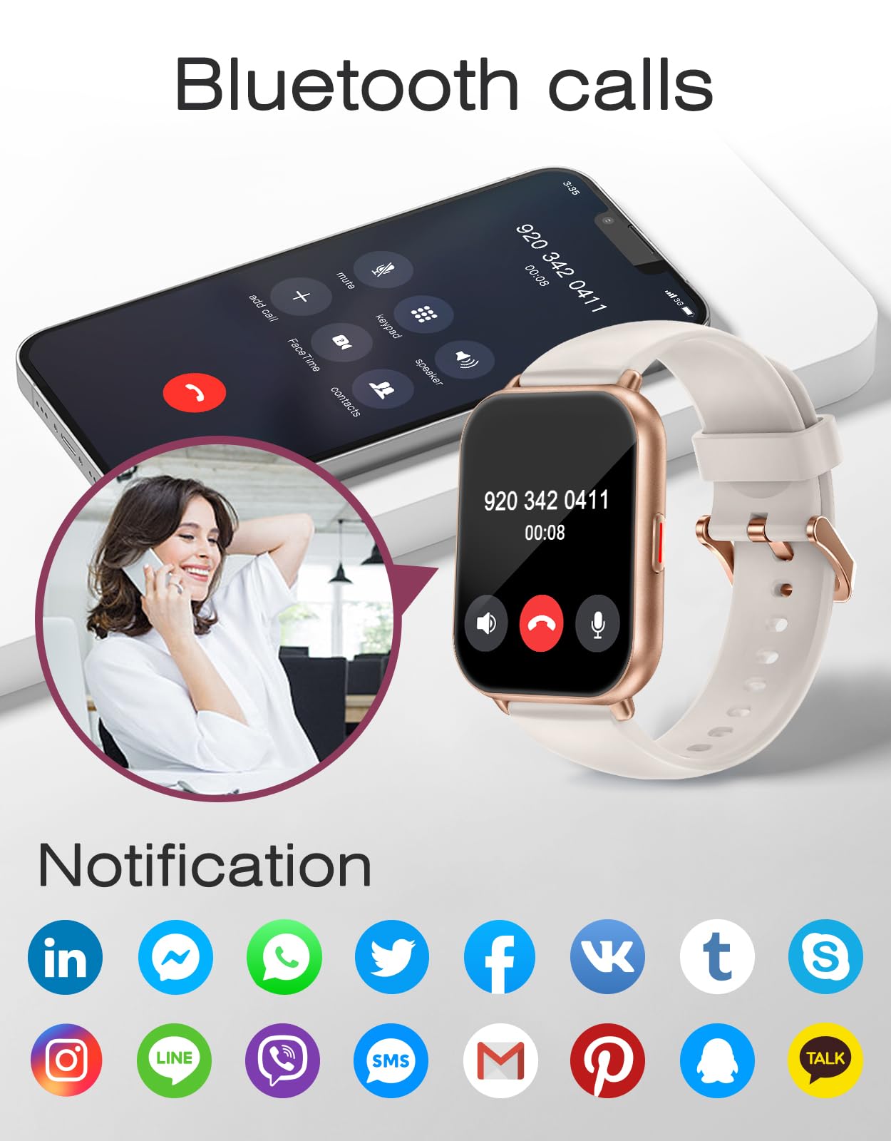 Smart Watches for Women Men (Answer/Make Calls, 3 Bands), 1.85" Fitness Tracker Watch for iPhone/Android Phones with Heart Rate Monitor Sleep/Steps Tracker 100+ Sports Pedometer Waterproof Gold