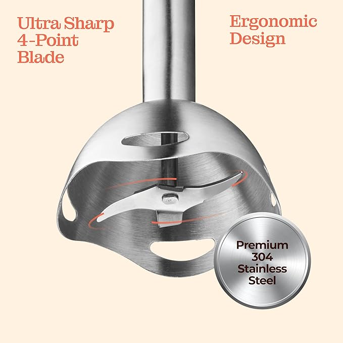Powerful Immersion Blender, Electric Hand Blender 500 Watt with Turbo Mode, Detachable Base. Handheld Kitchen Blender Stick for Soup, Smoothie, Puree, Baby Food, 304 Stainless Steel Blades