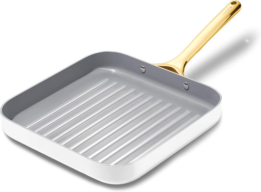 Caraway Square Grill Pan - 11” Grill Pan - Non-Stick Ceramic Coated - Non Toxic, PTFE & PFOA Free - Oven Safe & Compatible with All Stovetops - White