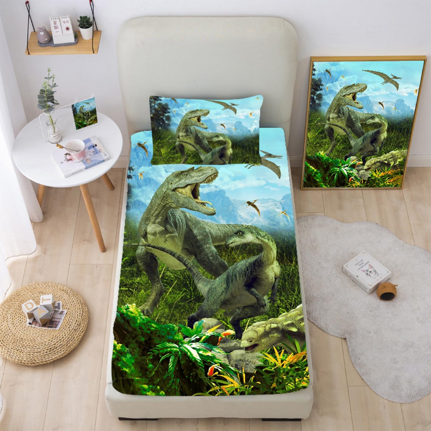 NiuOne Dinosaurs Twin Bed Sheet Set, 3D Realistic Ancient Jungle Dinosaur Fitted Sheet, Soft Microfiber Bedding Sheets (Green)