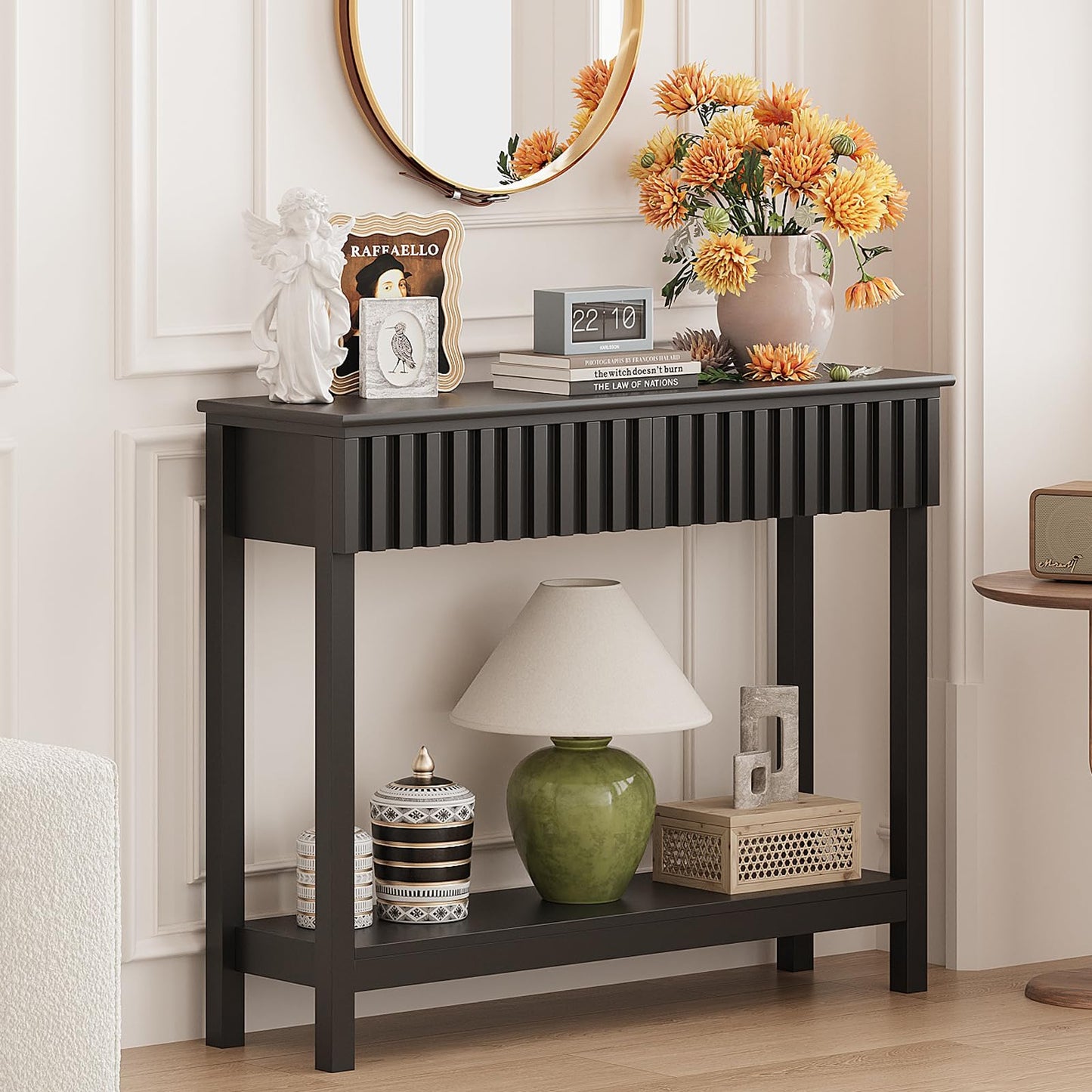 Trironsun Fluted Console Table with 2 Drawers Narrow Sofa Table with Open Storage Shelf Modern Behind Couch Tables Long Entryway Table for Foyer Hallway