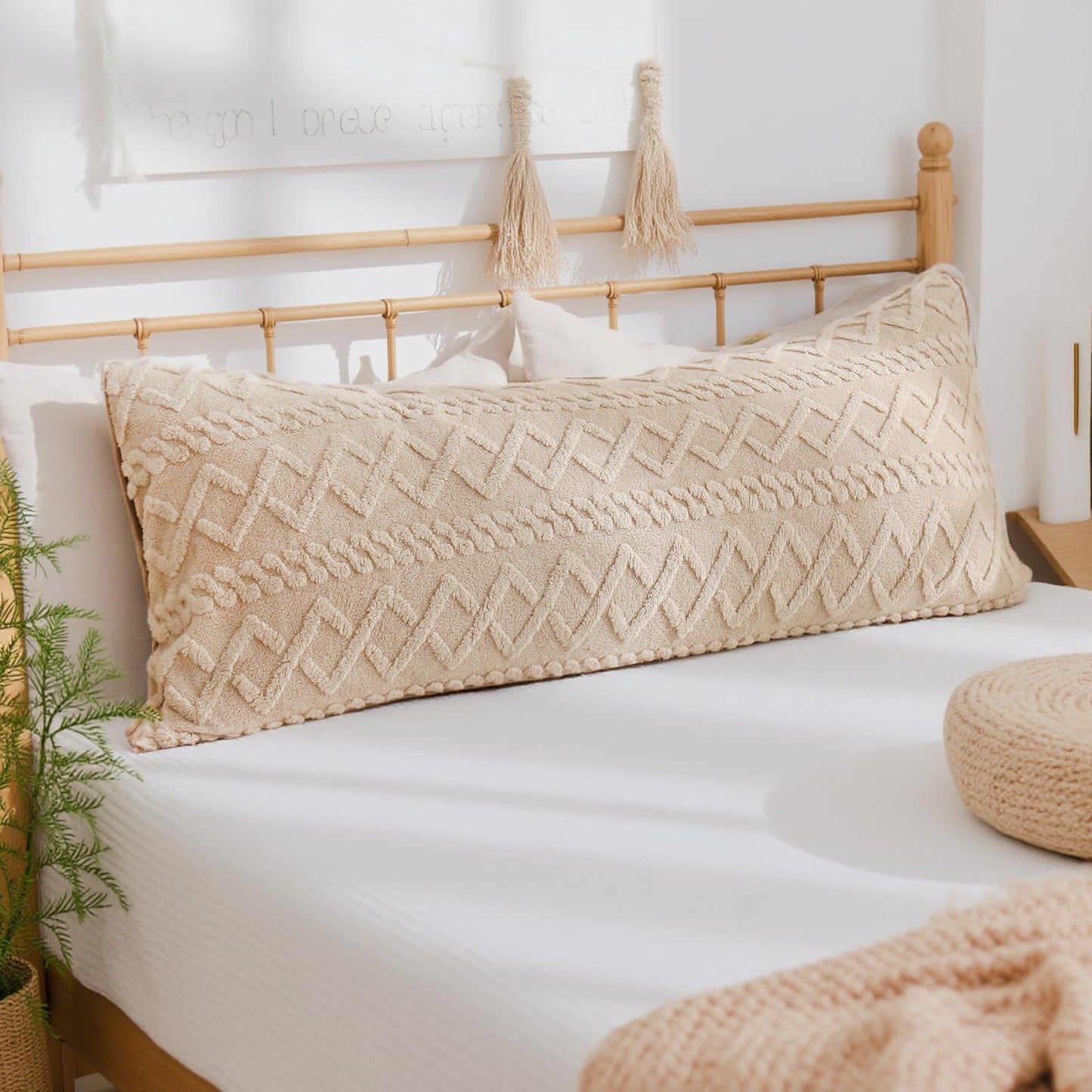 Chumerry Beige Fluffy Body Pillow Cover Faux Fur Pillowcase for Couch Bed Diamond Stripe Geometric Bed Pillow Cover Flannel Fleece Long Pillow Cover