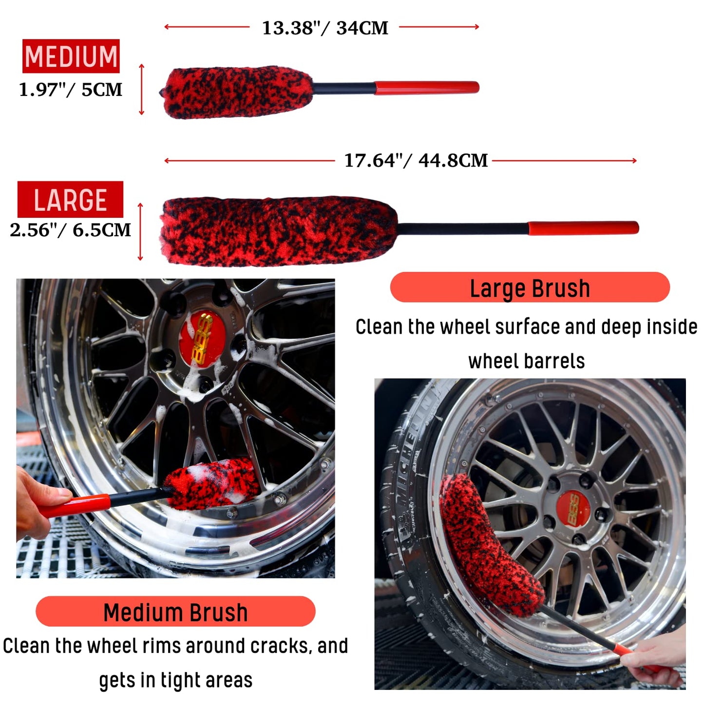 oesee Professional 4 Pack Long Handle Wheel Brush Kit for Cleaning Wheel and Tire- 2X Soft Wheel Cleaning Brush, Detailing Brush and Stiff Tire Brush, Bendable& Durable Wheel Rim Cleaner Brush Set