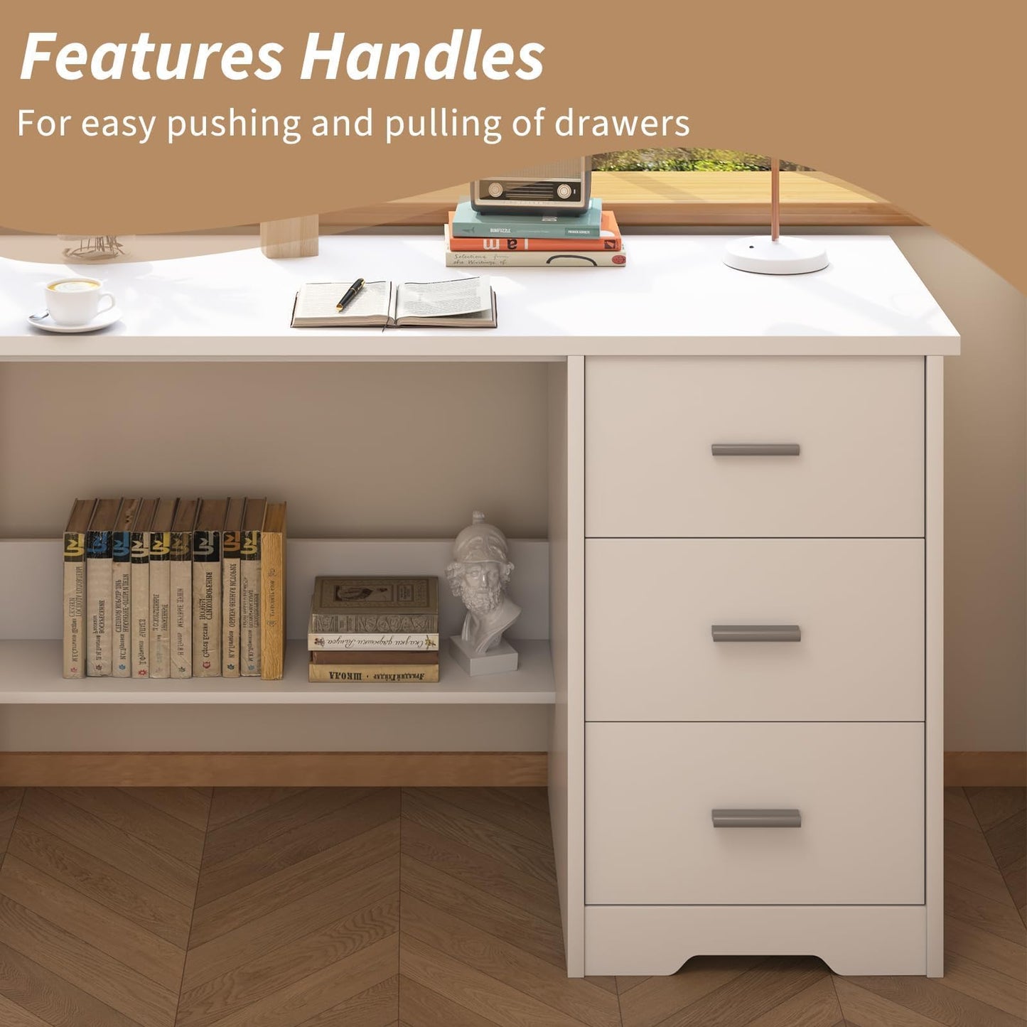 MaverickFurni White Desk with 3 Drawers, 47 Inch Computer Desk with Drawers for Bedroom, Small Home Office Desk with File Cabinet, Bottom Shelves for Small Spaces