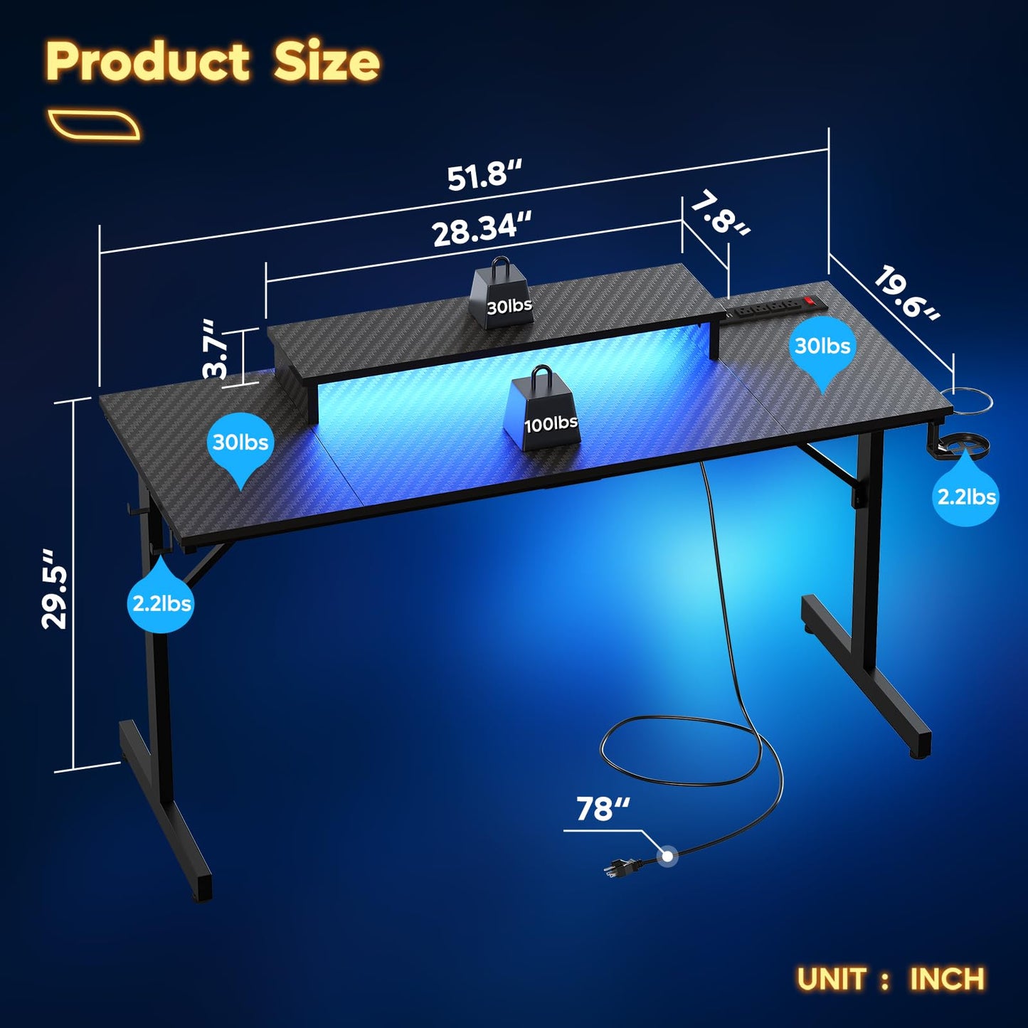 Bestier 52 inch Gaming Desk with LED Lights & Power Outlets, Computer Gaming Table with Float Monitor Stand, Kids Boys Desk with Black Carbon Fiber Texture