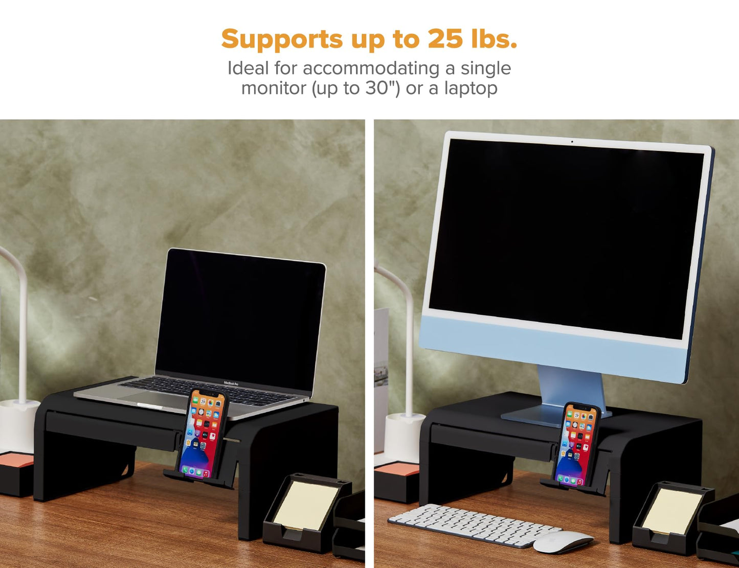 Bostitch Konnect Adjustable Monitor Riser with Drawer & Cell Phone Holder, Laptop Stand for Desk, 4 Height Levels, Cable Management & Rubber Feet