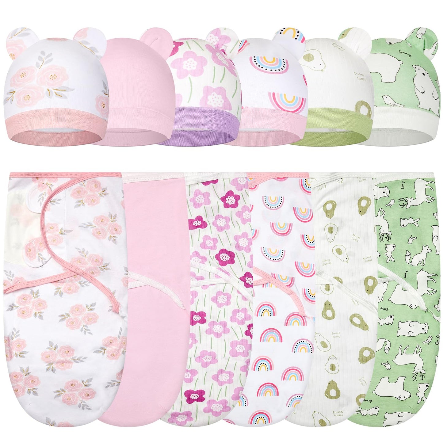 Ramede 6 Pack Baby Swaddle Blanket with Hats Sleep Swaddle for 0-3 Months Newborn Sacks Soft Cotton Wearable for Boy Girl(Pink and Green,Flower)