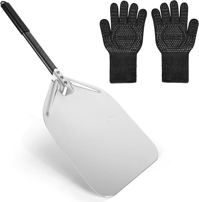 Pizza Peel, Pizza Paddle 12 Inch, Pizza Spatula with Oven Gloves, Space-Saving & Easy-to-Clean, Pizza Oven Accessories