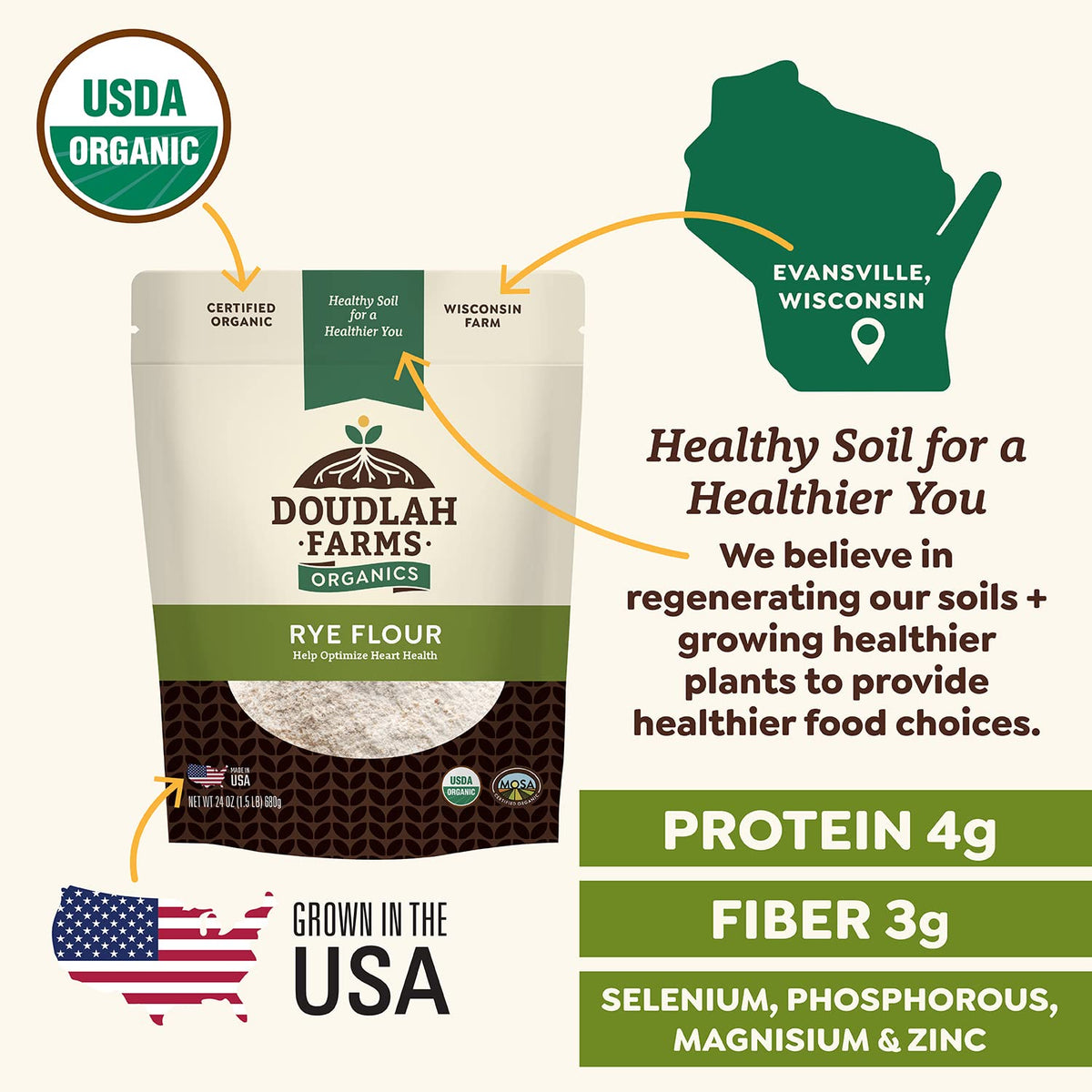 Organic Rye Flour 5 lb - Non-GMO, USDA Organic, Vegan, For Baking Sourdough, Bread, and More! Grown In USA, Farmed From Regenerative Soil by Doudlah Farms