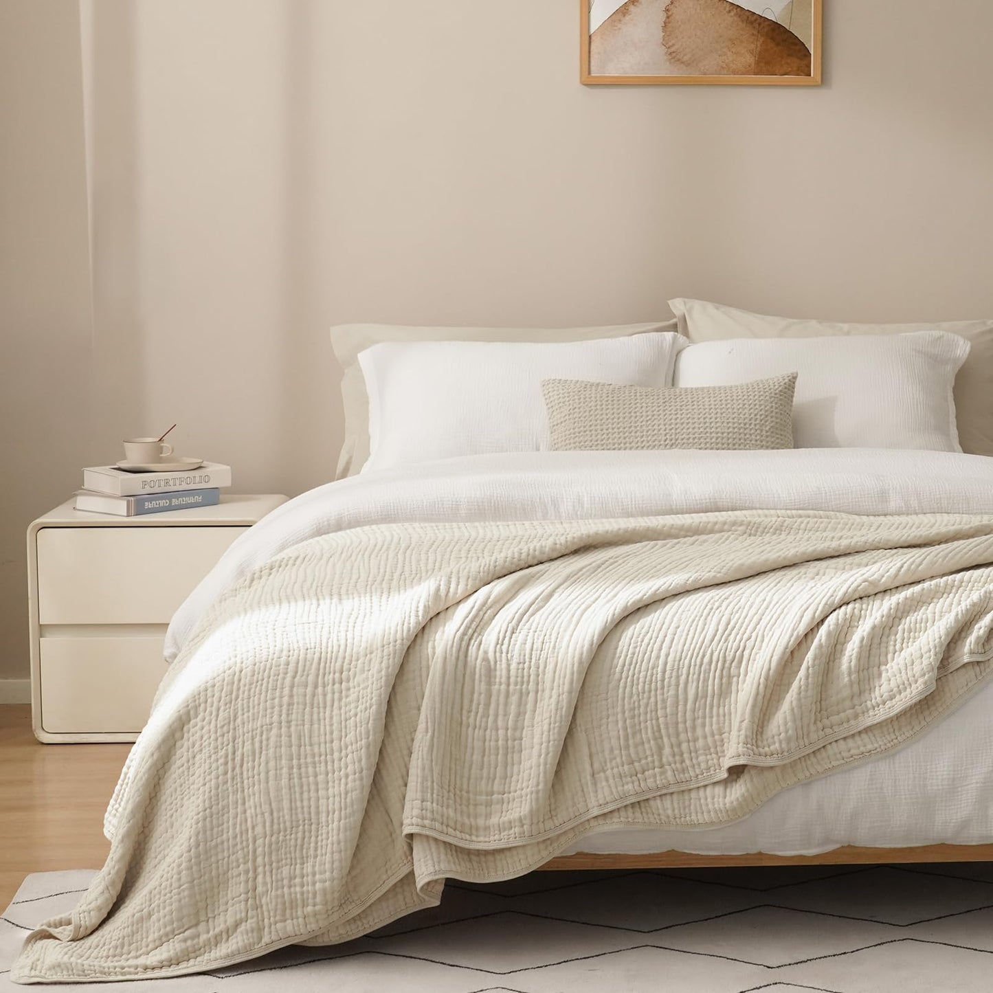 PHF Cooling Muslin Blanket Queen Size 90"x80", 6-Layer Lightweight Gauze Blanket Made from 35% Rayon Derived from Bamboo & 65% Cotton, Breathable & Ultra Soft Cozy, Aesthetic Home Decor, French Oak