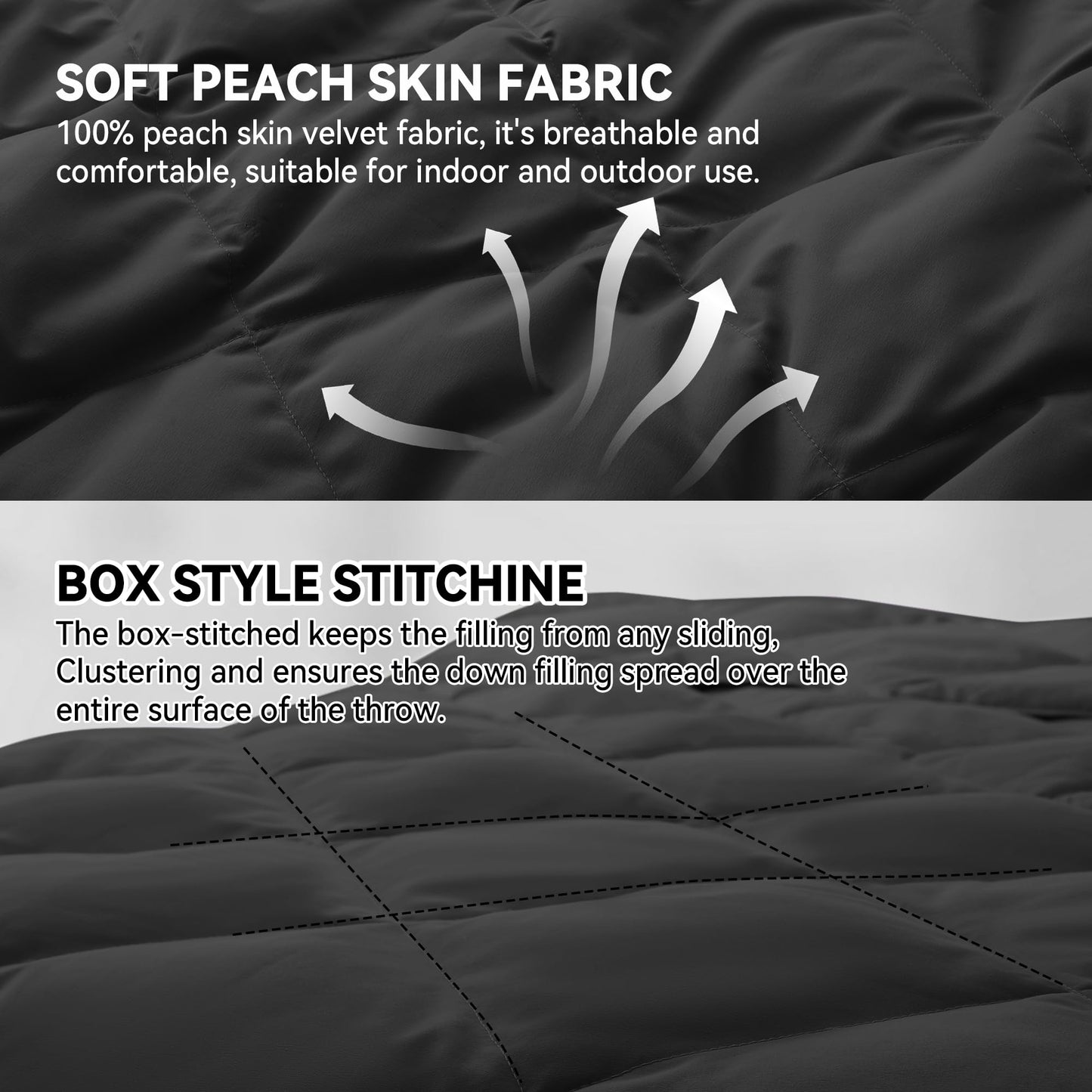Deodar Natural Down Fiber Throw Blanket Couch, Sofa Down Fiber Blanket Throw Outdoor Lightweight Peach Skin Fabric, 50"X70", Black
