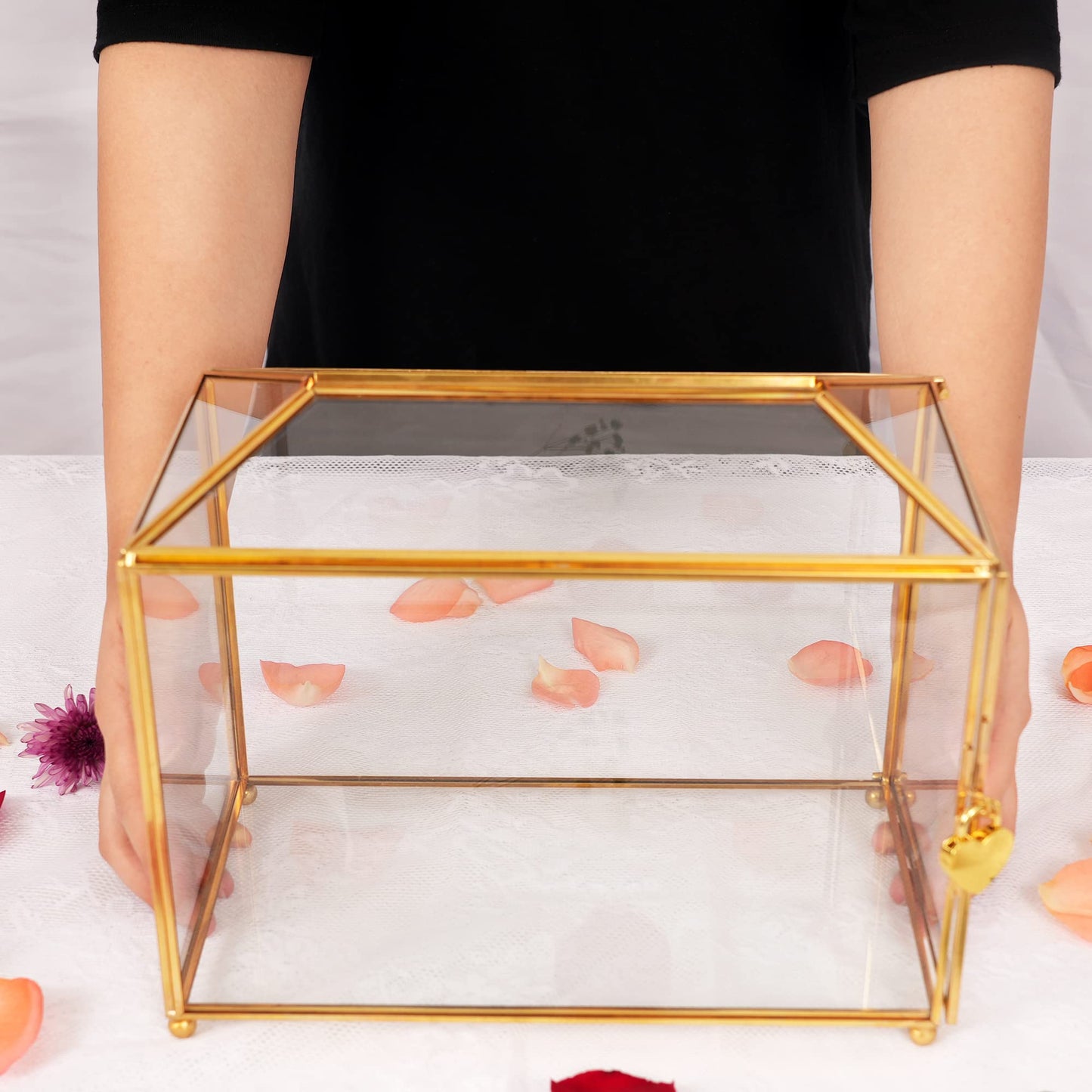 WHSLILR 12.6" Glass Card Box Wedding Card Box with Lock for Wedding Reception Cosmetic Home Decor, Handmade Large Geometric Terrarium with Hinged Lid, Brass Frame - (Golden/Roof)