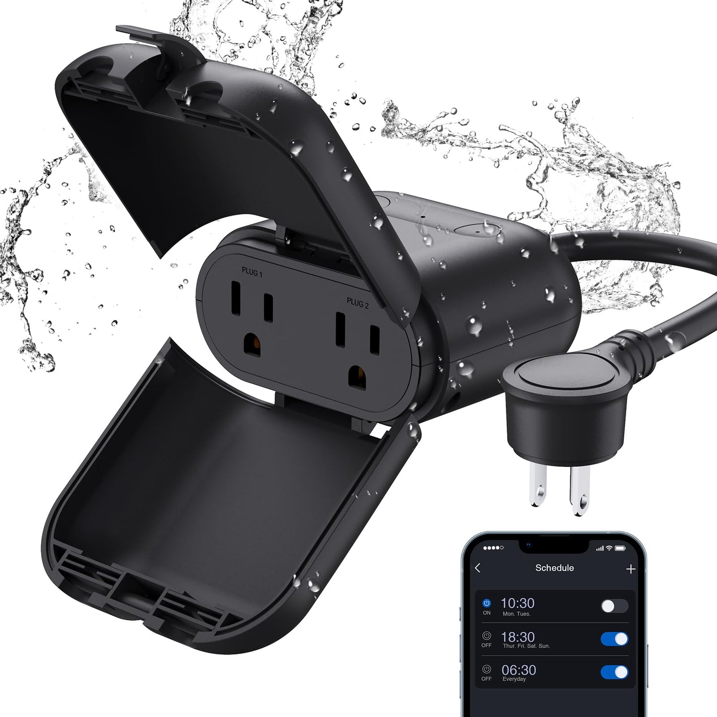 ELEGRP PQR20 Outdoor Smart Plug Waterproof IP66, WiFi Plug with 2 Individually Sockets, Compatible with Alexa & Google Assistant, Smart Outdoor Outlet for String Lights, UL Certified, 1 Pack, Black