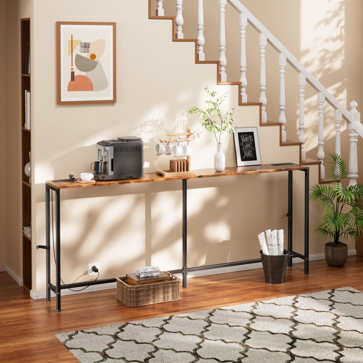 HLDIRECT 71 Inch Couch Table Behind Sofa with Double Storage Shelves, Narrow Long Console Table with LED Light & Outlet for Living Room,Entryway Desk for Hallway, Rustic Brown