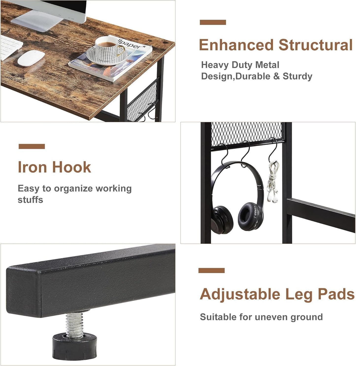 VECELO 43 Inch Computer Desk Home Office Water Proof Writing Desk with 4 Hooks Study Desk with Hook. Adjustable Feet Wooden Desk for Small Space/Home Office/Dormitory Rusic Brown