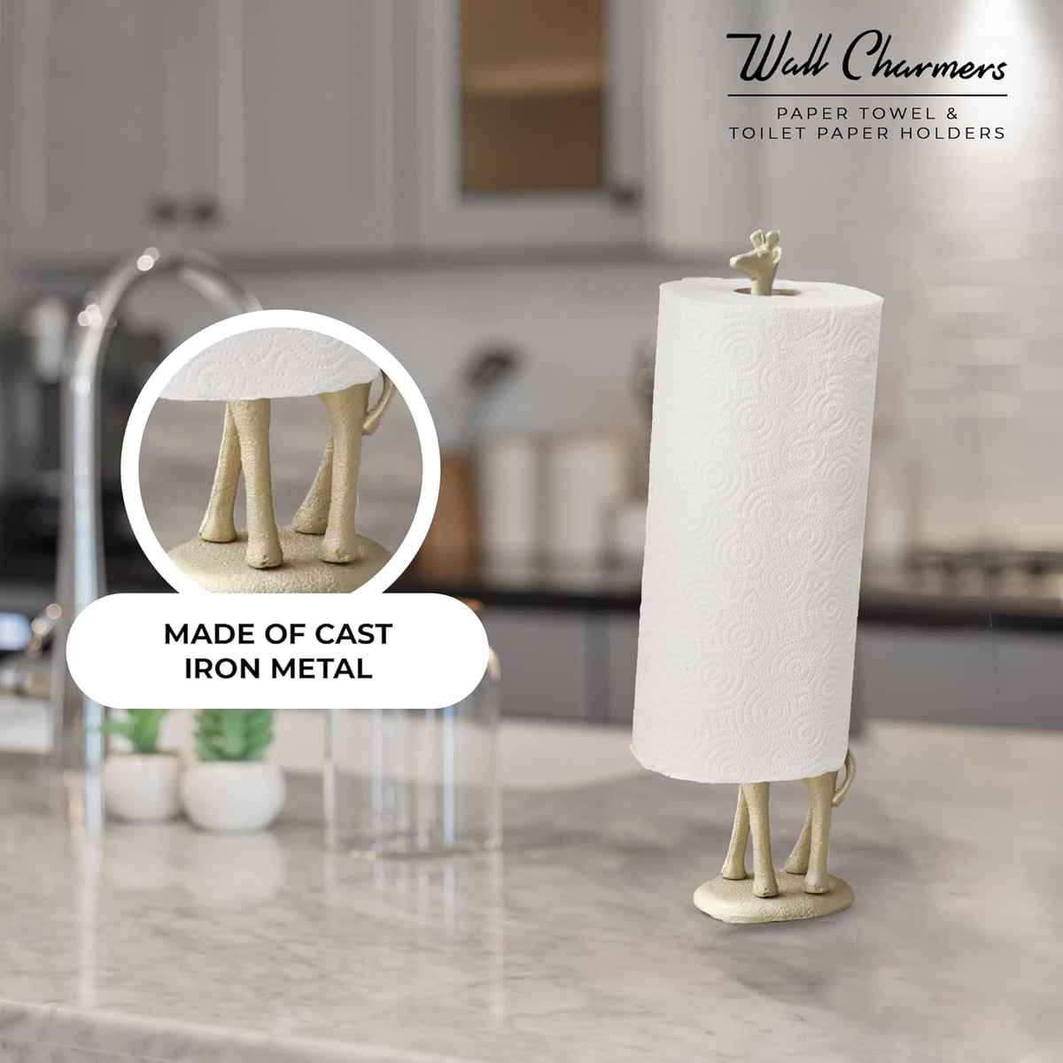 WallCharmers Gold Paper Towel Holder, Metal Toilet or Kitchen Paper Holder for Floor or Countertop, Gold Giraffe