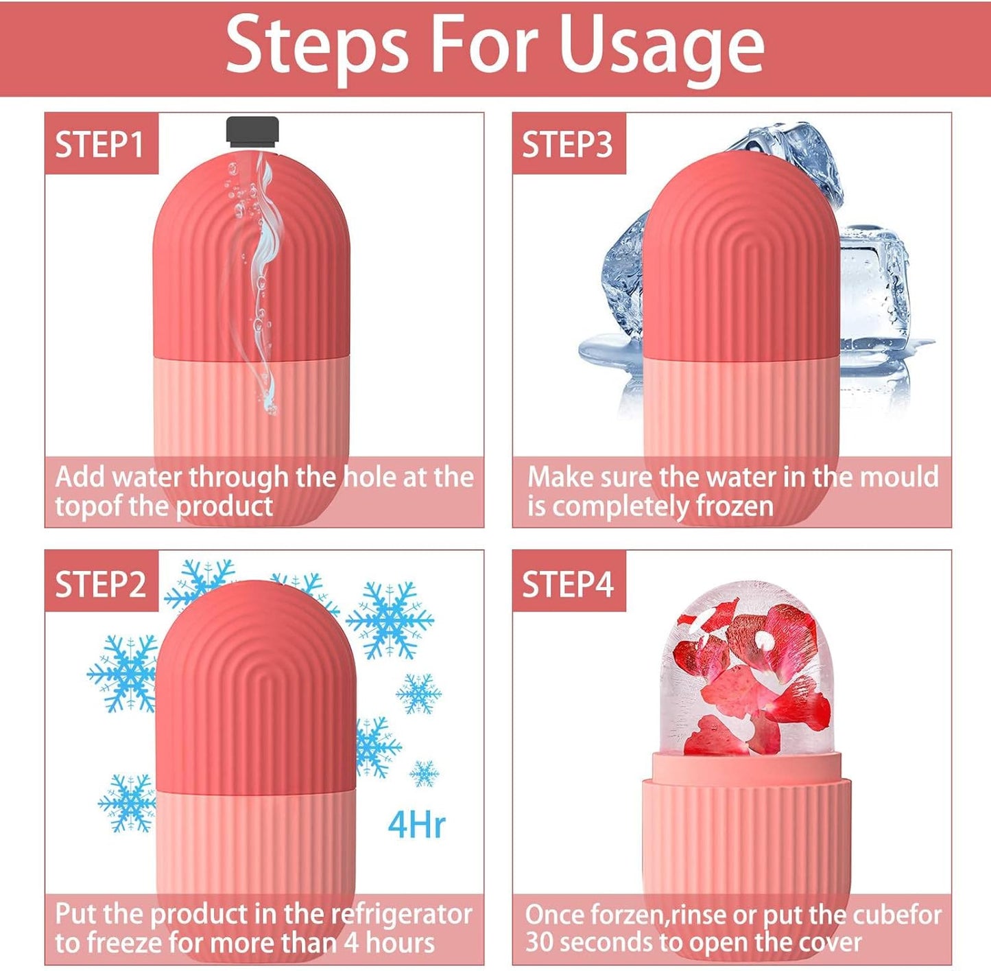 KOGITI Ice Mold for Face & Eye, Beauty Facial Roller, Puffiness Relief Massage Skin Care Tool, Ice Cube Holder (Pink)