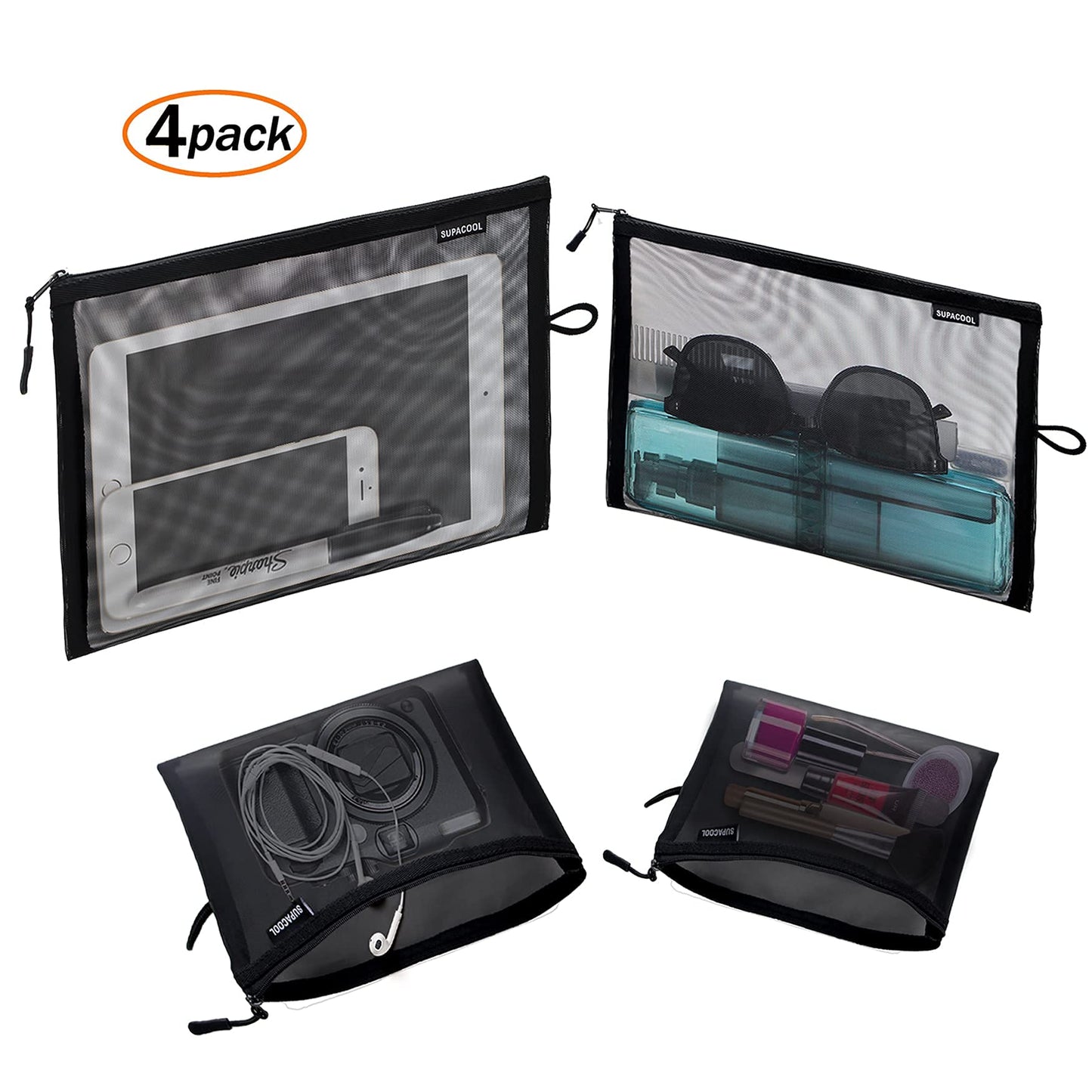 SUPACOOL Set of 4 Travel Mesh Makeup Bag, Cosmetic Organizer Pouches with Zipper, Diaper Organizing Pouches, Nylon Toiletries Bag for Women and Men(4pcs, Black)