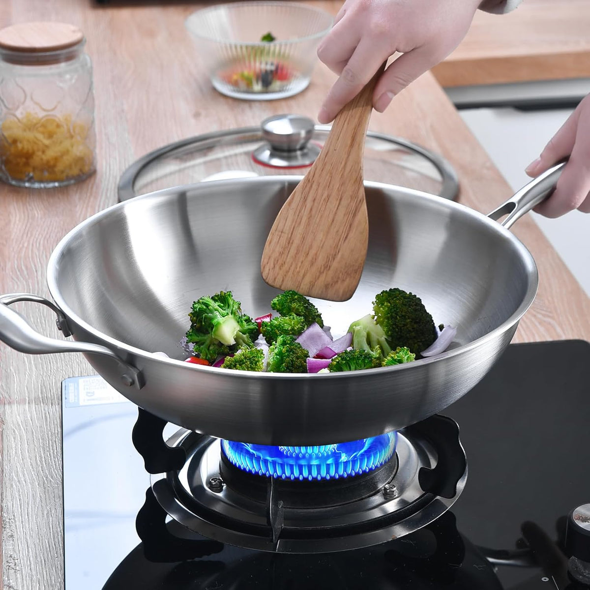 LOLYKITCH 12 Inch Tri-Ply Stainless Steel Wok Pan with Lid, Stir-Frying Pan,Induction Cooking Pan,Dishwasher and Oven Safe,Heavy Duty and Detachable Handle.