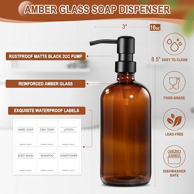 Kitchen Soap Dispenser Set with Wood Riser Tray, Amber Glass Soap Dispenser with Stainless Steel Pump, Hand and Dish Soap Dispenser Set for Kitchen, Soap and Lotion Dispenser Bathroom Decor(Amber)
