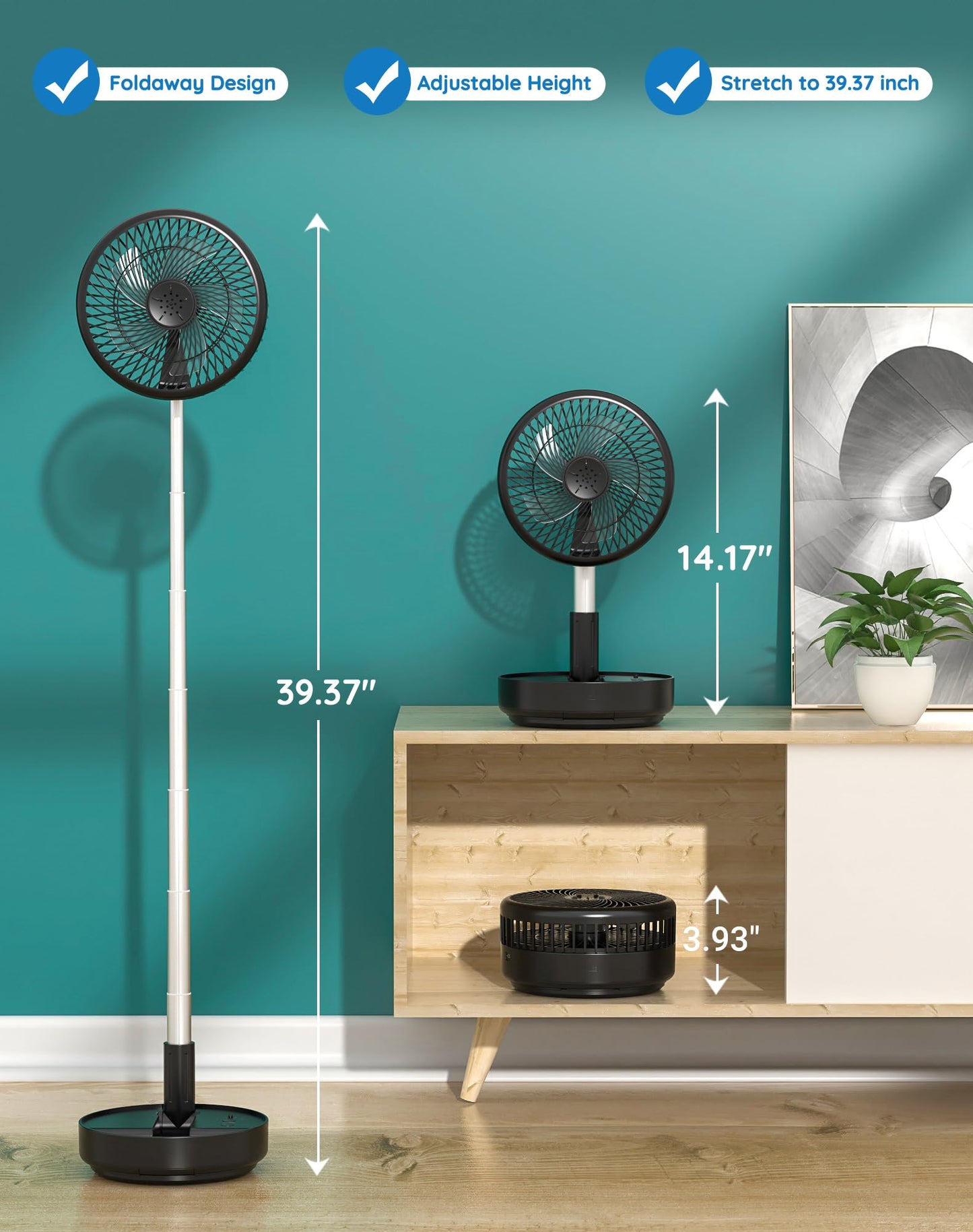 Primevolve Portable Oscillating Standing Fan,Rechargeable Battery Operated USB Floor Table Desk Fan with Remote, Bedroom Camping Travel Fans Black 7.7"