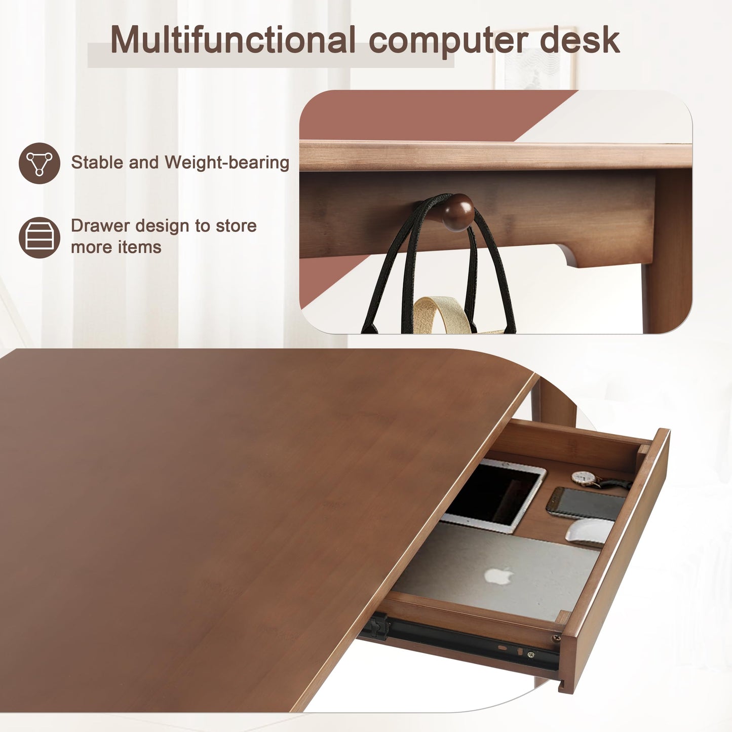Maydear 47" Bamboo Multipurpose Study Writing Desk with Drawer, Modern Simple Computer & Laptop Table Dining Table for Bedroom, Living Room, Home and Office, Kitchen，Walnut