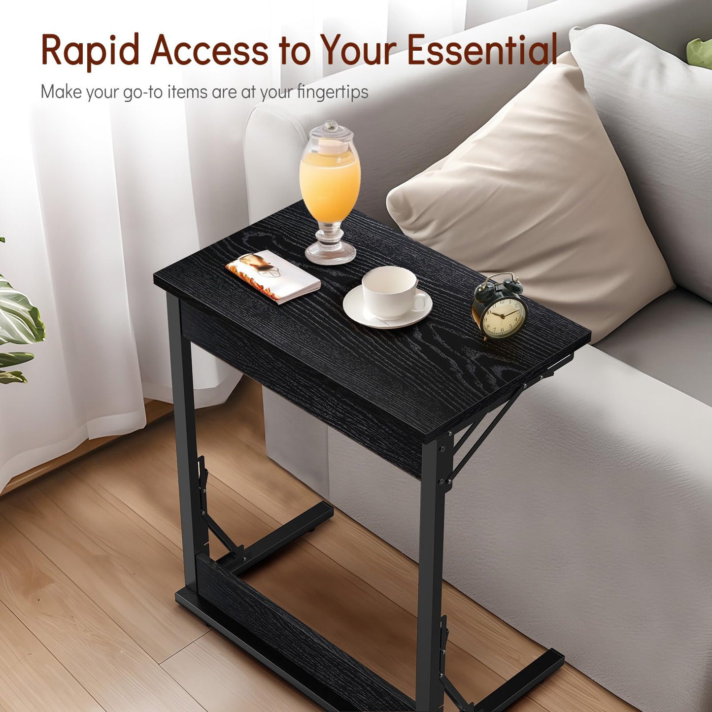 Tatub 24" Folding C Shaped End Table Set of 2, Small Sofa Side Laptop Desk, Couch TV Tray Table for Living Room, Bedroom, Black