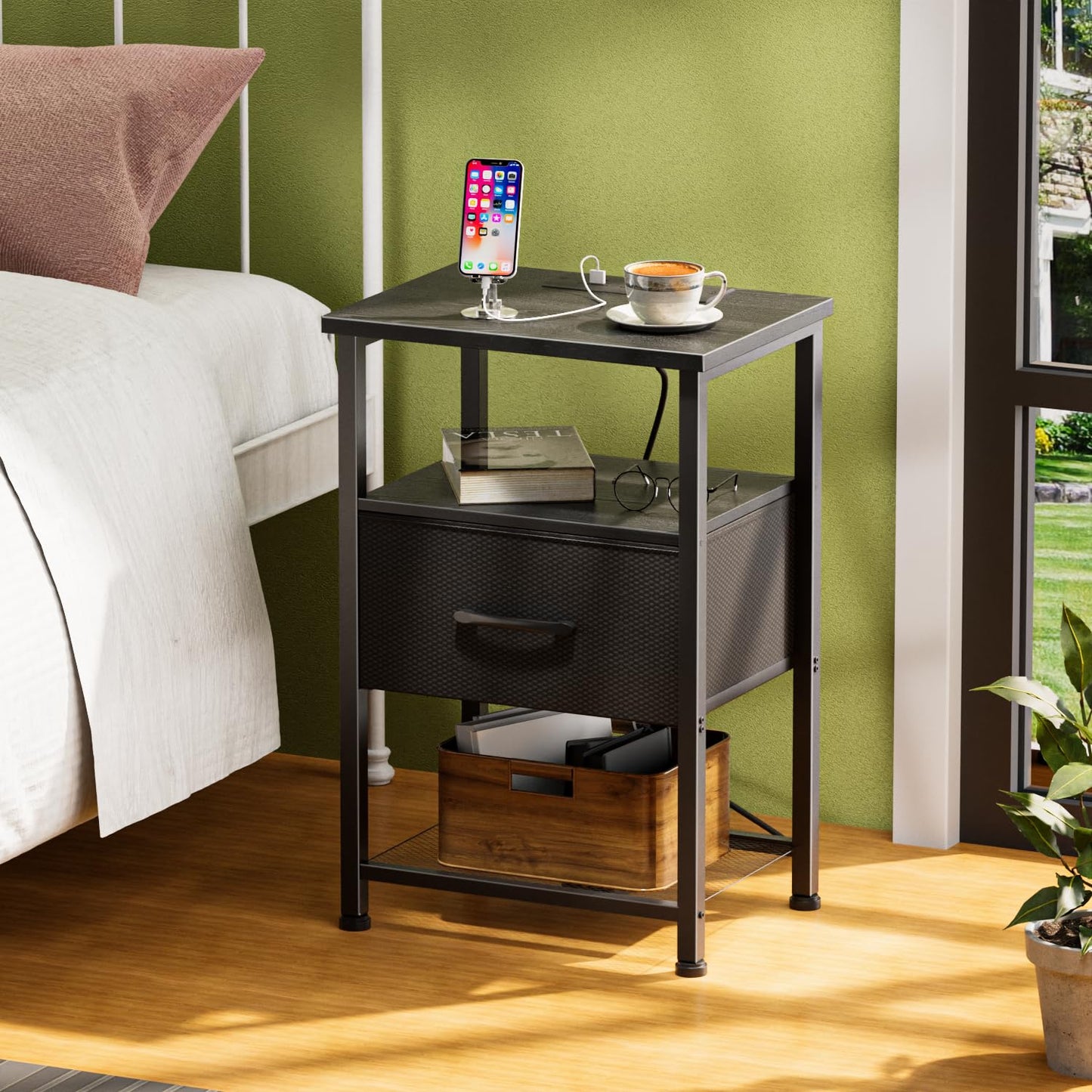 LAKEMID Nightstands Set of 2 with Charging Station and Drawer, End Table Bedside Table with 20 Colors LED Light Strip and 2 Layers Shelf for Bedroom Living Room Sofa Couch (Black)