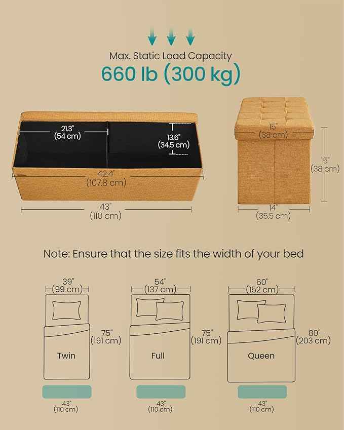 SONGMICS Mazie Collection - Storage Ottoman Bench, 43 Inches Folding Foot Rest Stool, End of Bed Bench, Easy Assembly, for Living Room, Bedroom, Entryway, Ginger ULSF077K04