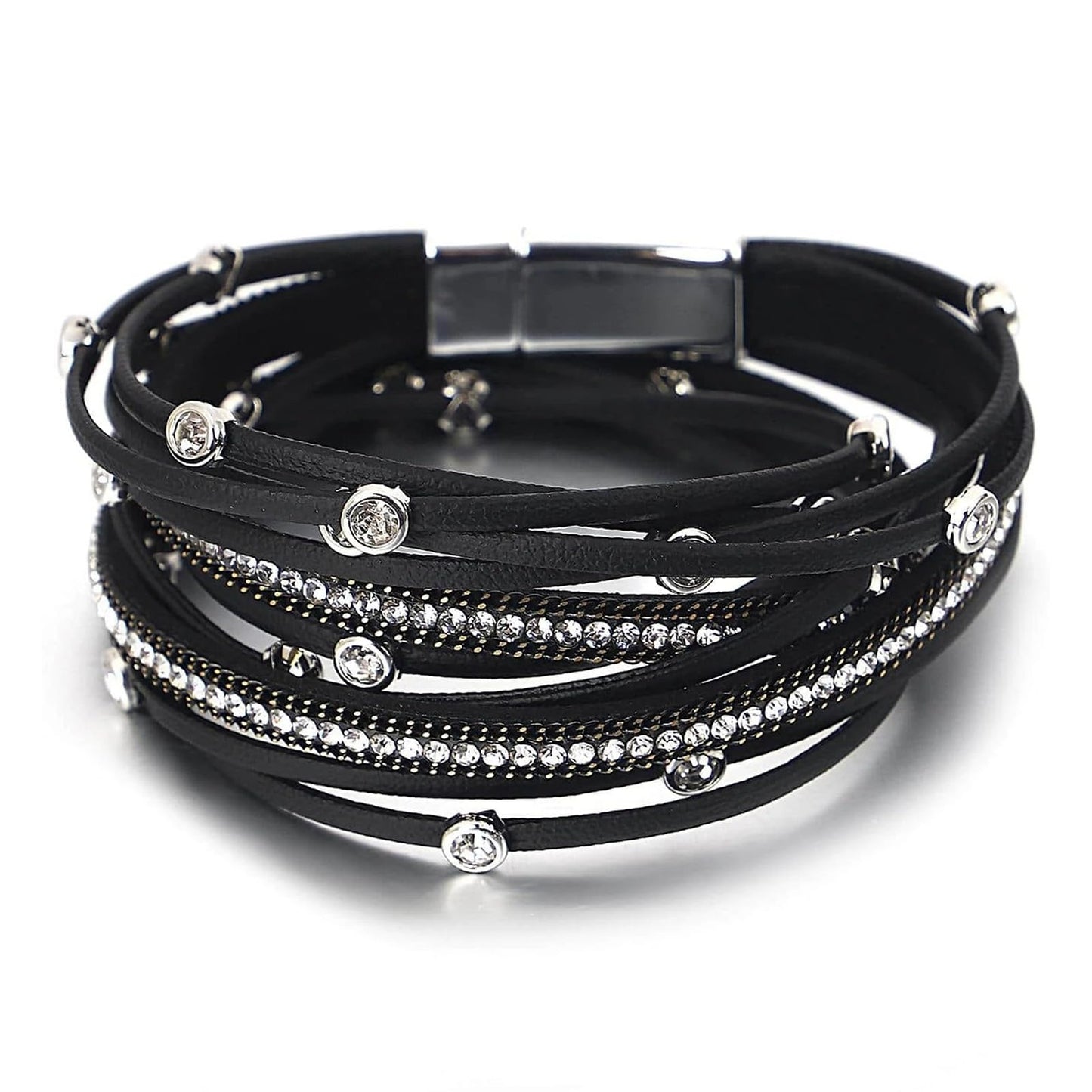 Fesciory Leopard Bracelet for Women, Boho Leather Wrap Multi-Layer Pearl Crystal Bracelet Bangle Jewelry(Rhinestone(Black))