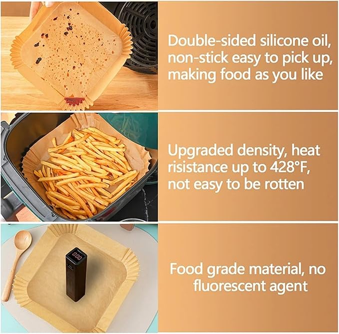 Large Air Fryer Disposable Paper Liners Nonstick 23cm Oven Airfryer Parchment Baking Paper ，Compatible For Ninja，Compatible For COSORI ，Grill Cooking Basket(23cm square,50PC)