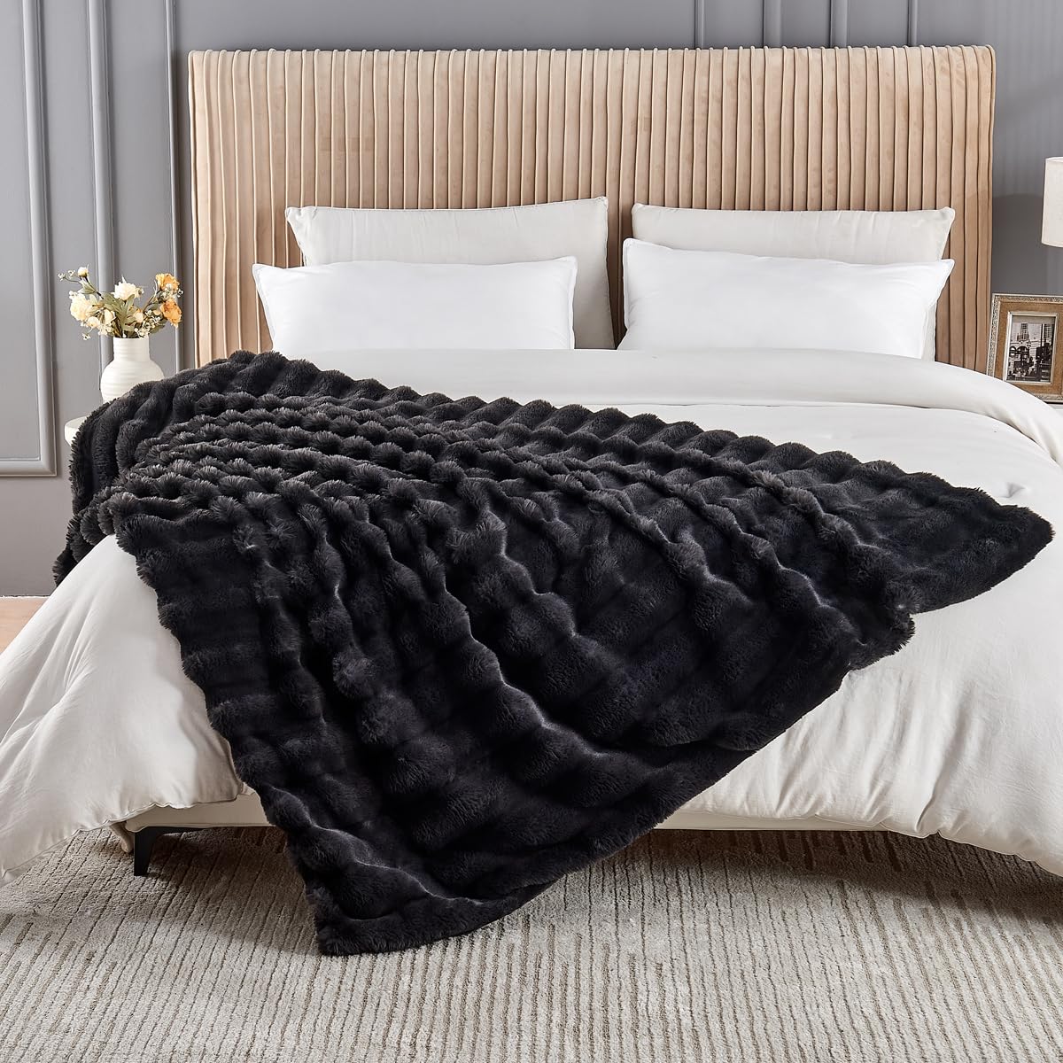 Gusuhome Faux Fur King Couch Blanket - Luxurious Faux Rabbit Fur Bed Blanket Reversible - Cozy Warm Fluffy Fuzzy Plush Striped - 90x106 Inches Black