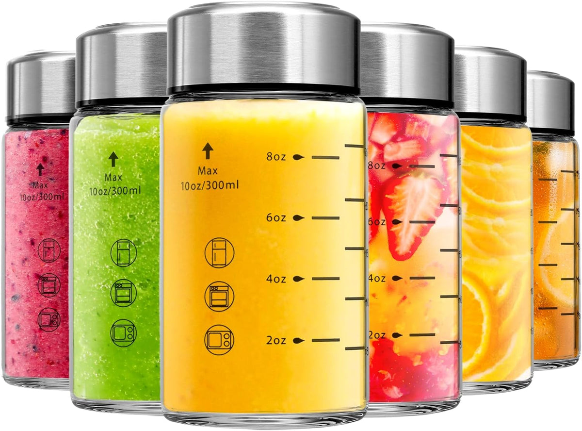 Glass Juice Bottles 6 Pack 10 oz - Wide Mouth Glass Water Bottles with Lids - Borosilicate,Stainless Steel Lids for Juicing, Smoothies, Infused Water, Beverage Storage, Leakproof, Reusable,BPA Free
