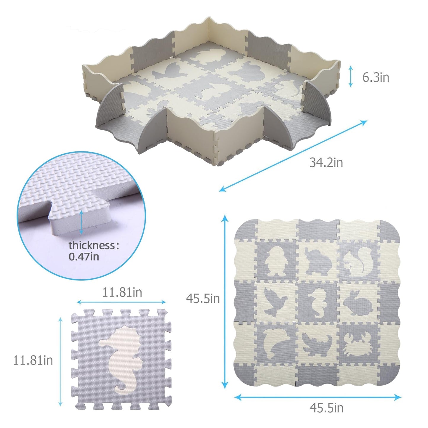 Tamiplay Foam Play Mat for Kids，25Pcs Square Interlocking Puzzle Floor Mat，Baby Play Mat Floor Mat Foam Puzzle Playmat for Toddlers with Fence（Animal-CSH039