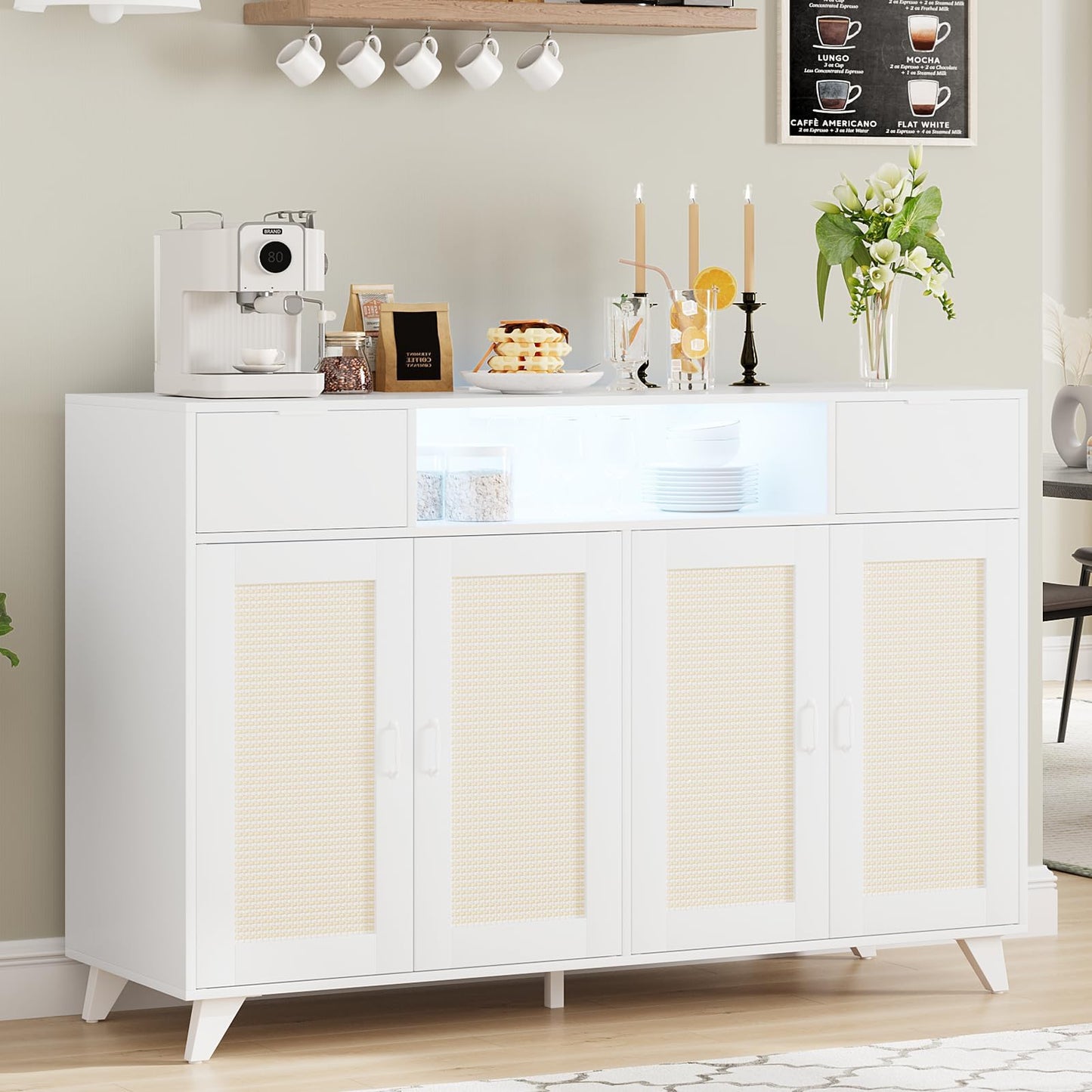 Rattan Sideboard Buffet Cabinet With LED Lights, 2 Drawers 2 Doors Storage Cabinet, Modern Console Table With Power Outlet & Adjustable Shelves, for Dining Room, Kitchen, Living Room