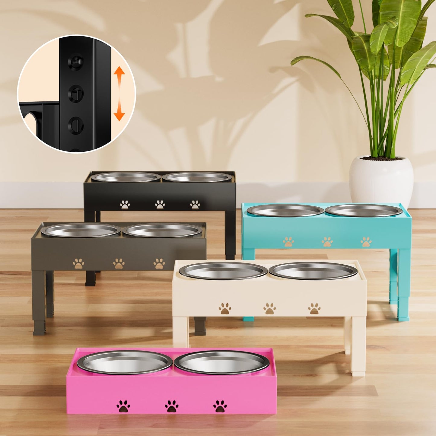 LAKIPETN Elevated Dog Bowls with 2 Stainless Steel Bowls, Raised Dog Food Bowl Stand 5 Height Adjustable (3.1", 9", 10", 11", 12") Non-Slip Feeder Set for Medium and Large Dogs - Pink