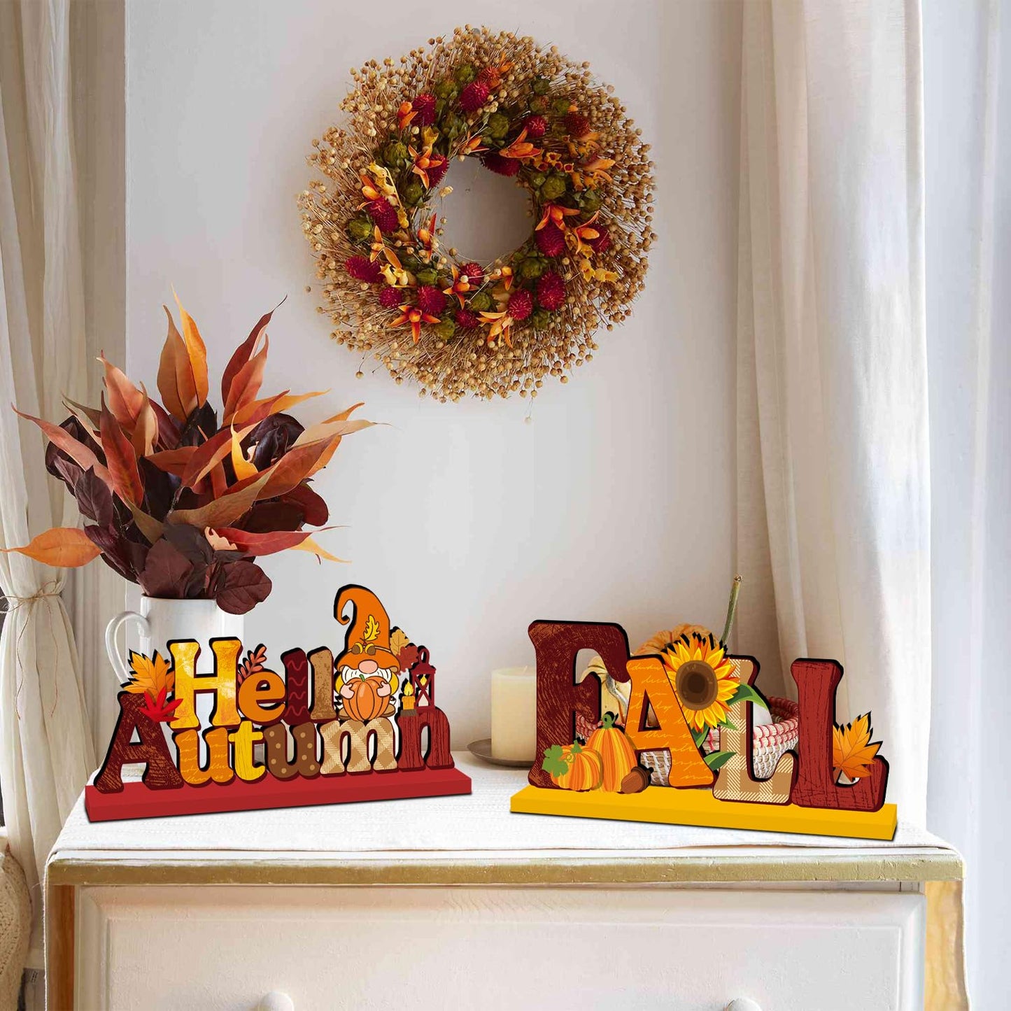 CHYAGCLT 4Pcs Fall Decorations, Autumn Wooden Table Centerpieces Pumpkin Truck Sunflower Maple Gnomes Style Fall Table Decor for Autumn Harvest Thanksgiving Decorations