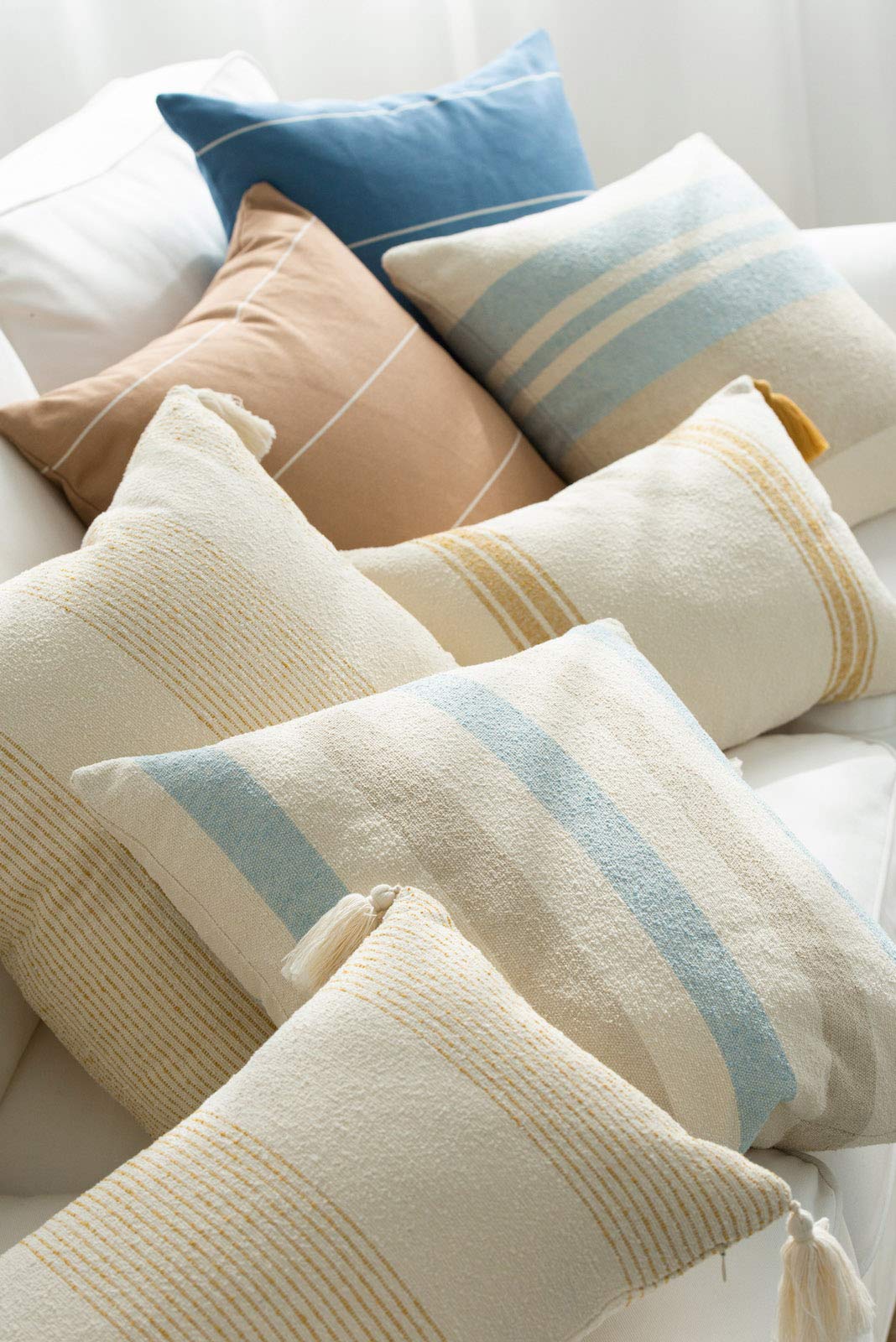 Hofdeco Beach Coastal Decorative Pillow Cover ONLY for Couch, Sofa, or Bed, Light Blue Tan Taupe Woven Stripe, 18"x18"