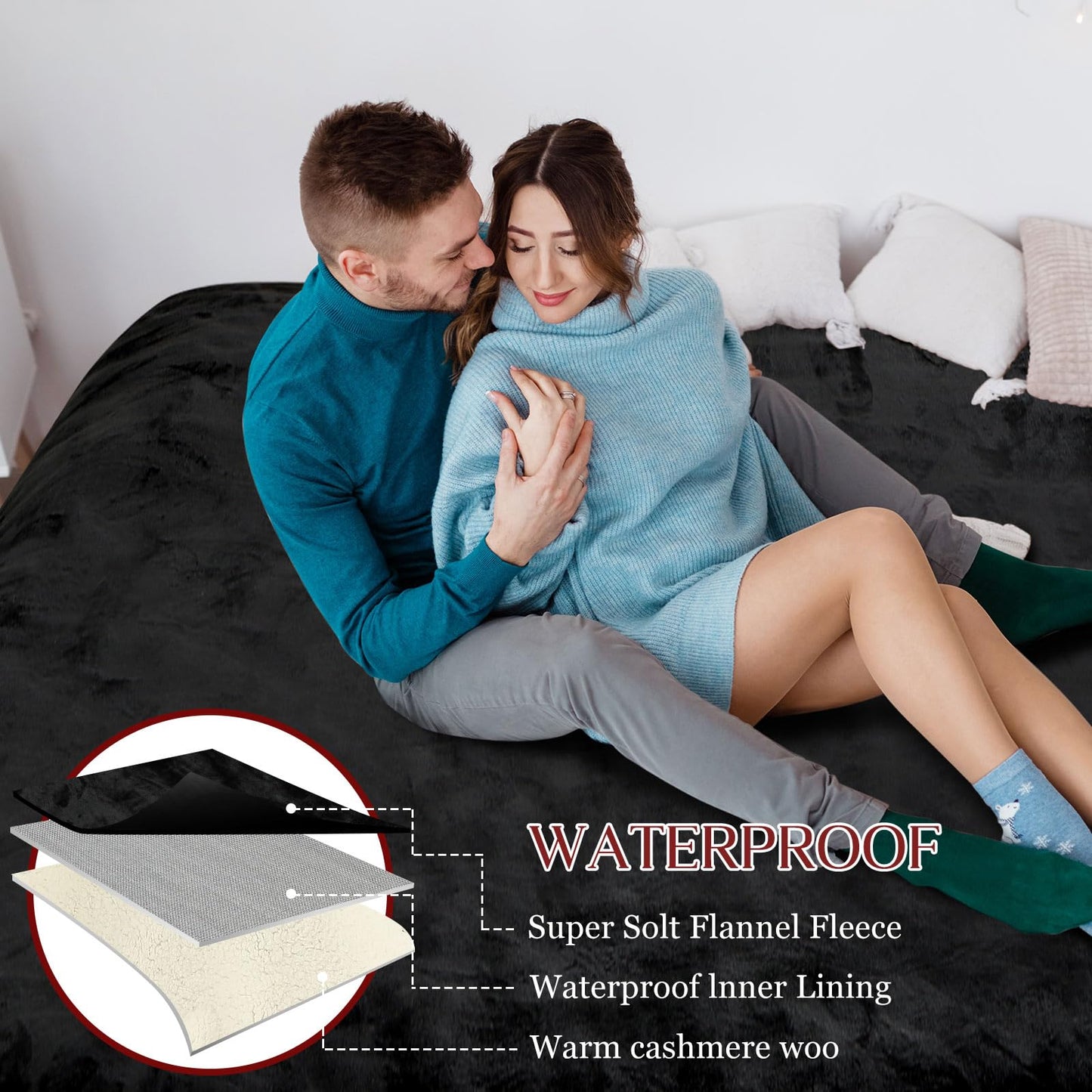 Tisancy Love Black Waterproof Bed Blanket, Twin Size 80'' x 60'' Double Side Lightweight & Reversible for Comfort, Flannel Fleece 3 Layer Blanket, Absorbs 50oz