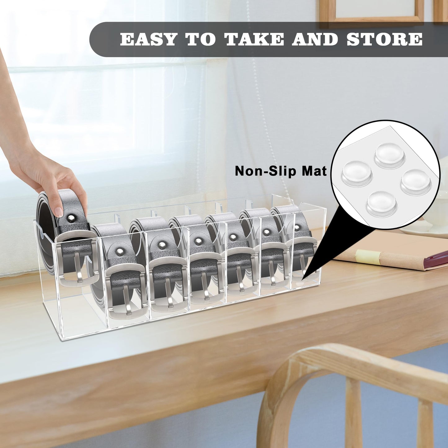 Belt Organizer, Acrylic Belt Storage Organizer for Closet, 7 Compartments Clear Belt Holder with Dust Cover, Belt Display Case Hanger for Drawer Tie and Bow Tie